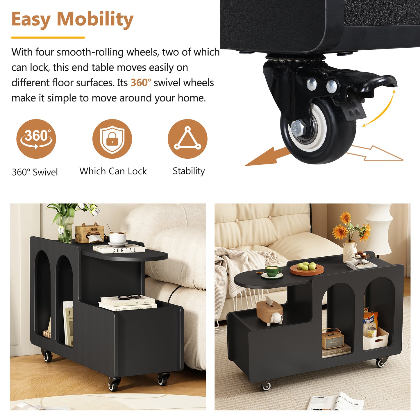ON-TREND Mobile End Table with lockable wheels, Cream Style Side Table with Storage Drawer, 11.8inch Narrow Nightstand with Multi-layer Storage, Living Room, Black