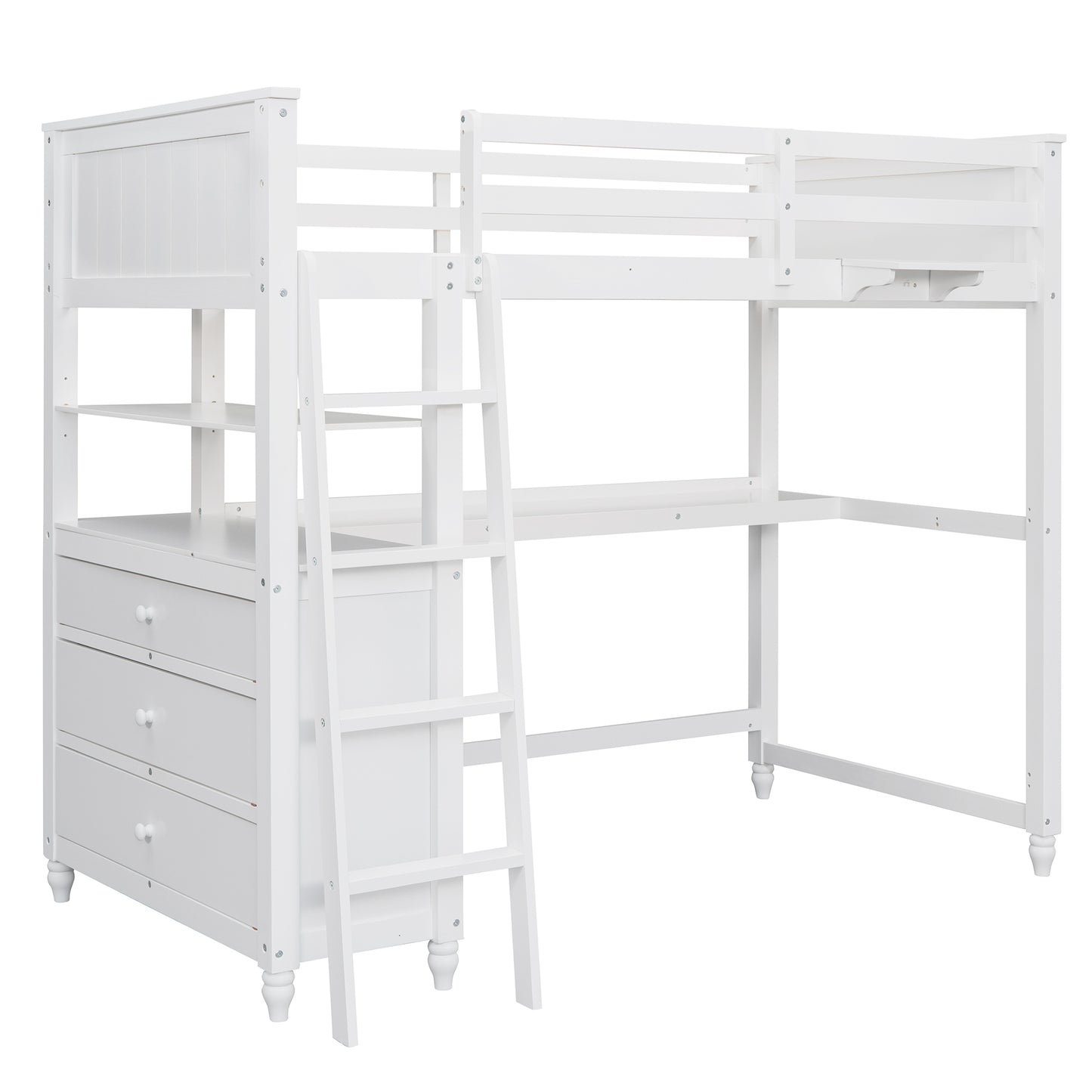 Twin size Loft Bed with Drawers and Desk, Wooden Loft Bed with Shelves - White(OLD SKU: LP000530AAK)