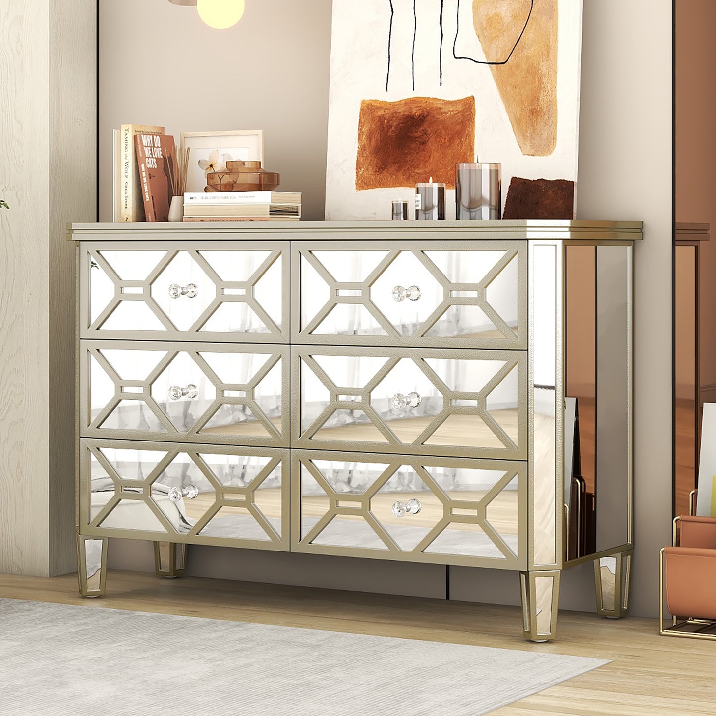 Elegant Mirrored 6-Drawer Dresser with Golden Lines Storage Cabinet for Living Room, Hallway, Entryway