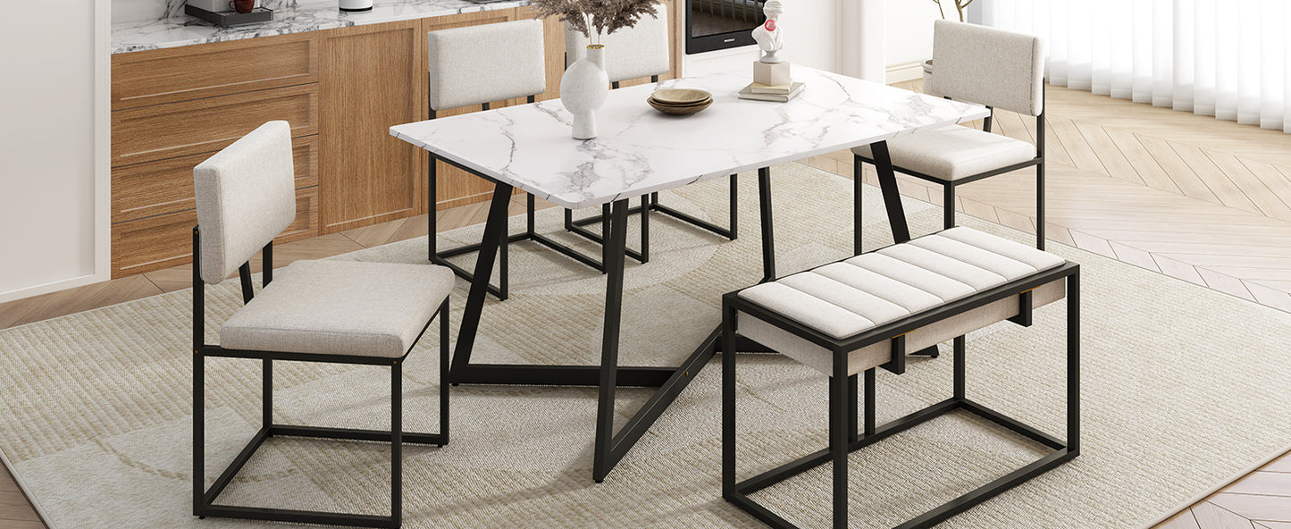 TOPMAX Modern Faux Marble 6-Piece Dining Table Set,60inch Metal Kitchen Table Set with Upholstered Dining Chairs and Bench, Black