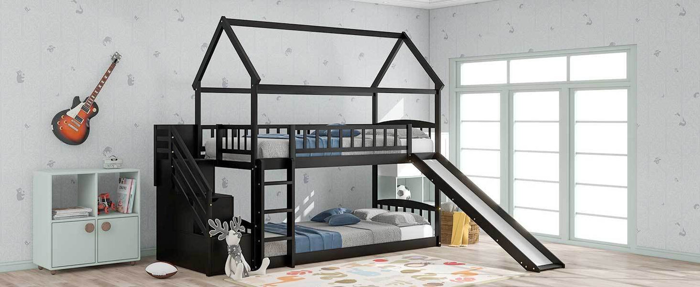 Twin Over Twin Bunk Bed with Drawers and Slide, House Bed with Slide,Espresso(OLD SKU :LT000215AAP)