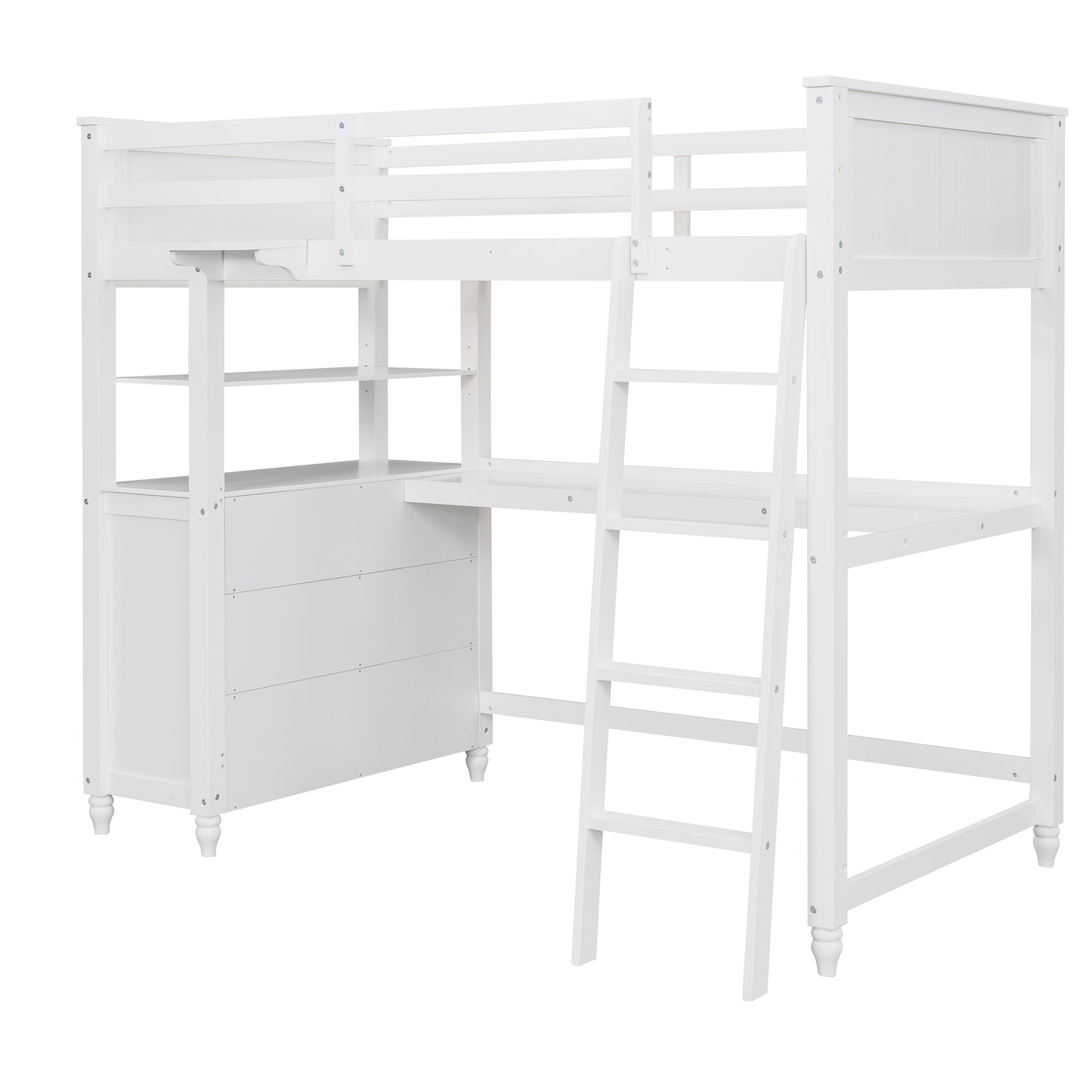 Twin size Loft Bed with Drawers and Desk, Wooden Loft Bed with Shelves - White(OLD SKU: LP000530AAK)