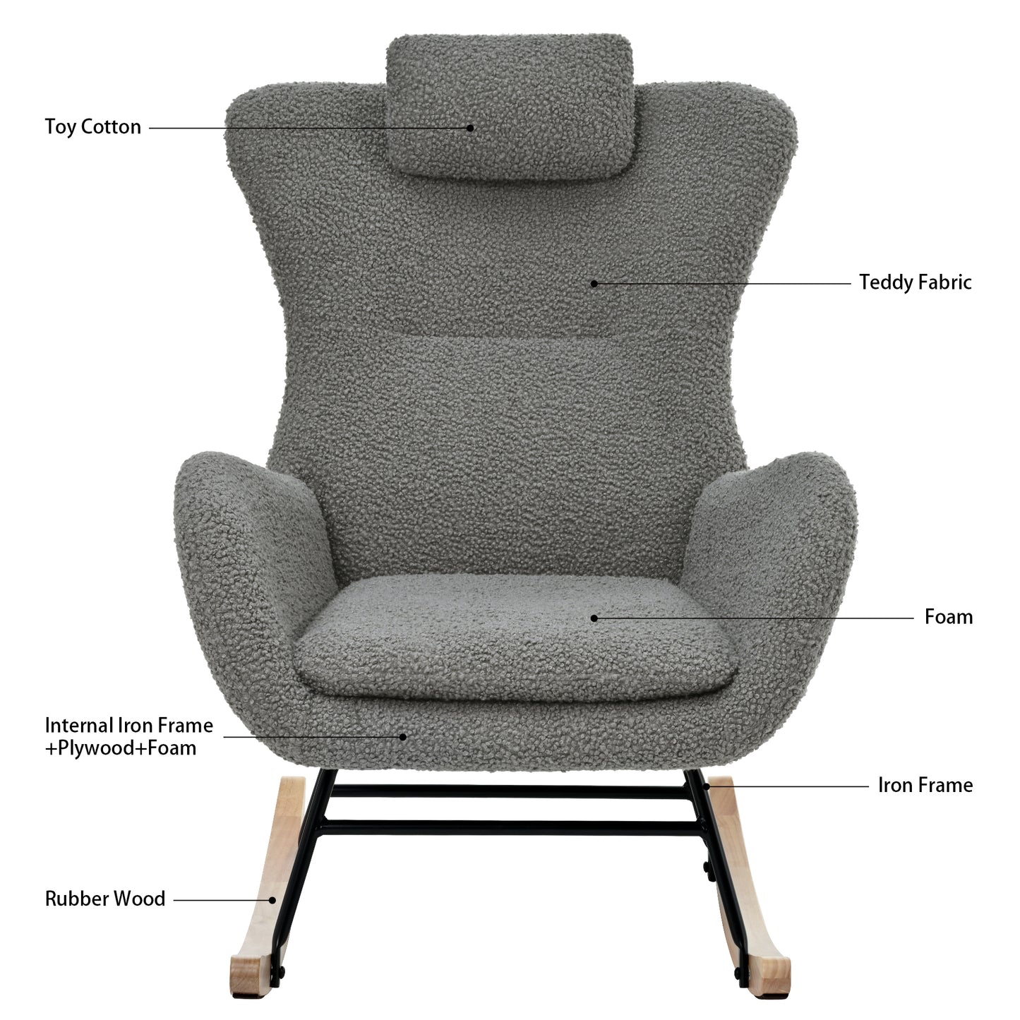 Rocking Chair Nursery, Teddy Upholstered Rocker Glider Chair with High Backrest, Adjustable Headrest & Pocket, Comfy Glider Chair for Nursery, Bedroom, Living Room, Offices, Rubber wood, gray