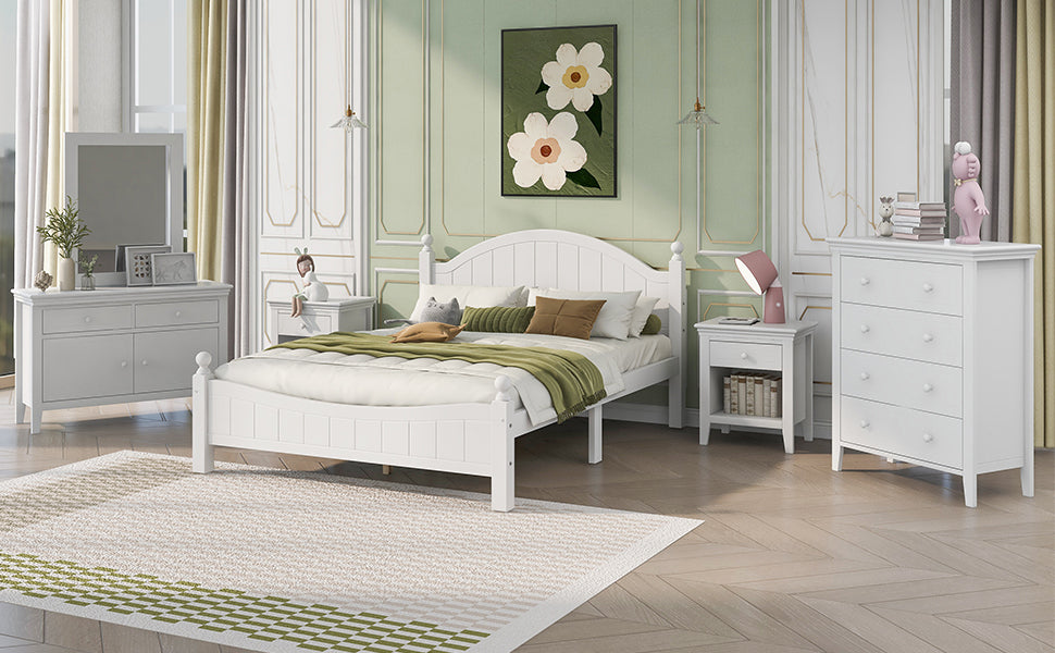6 Pieces Traditional Concise Style White Bedroom Sets, Nightstand*2+ Chest+ Dresser+ Mirror+ Full Bed
