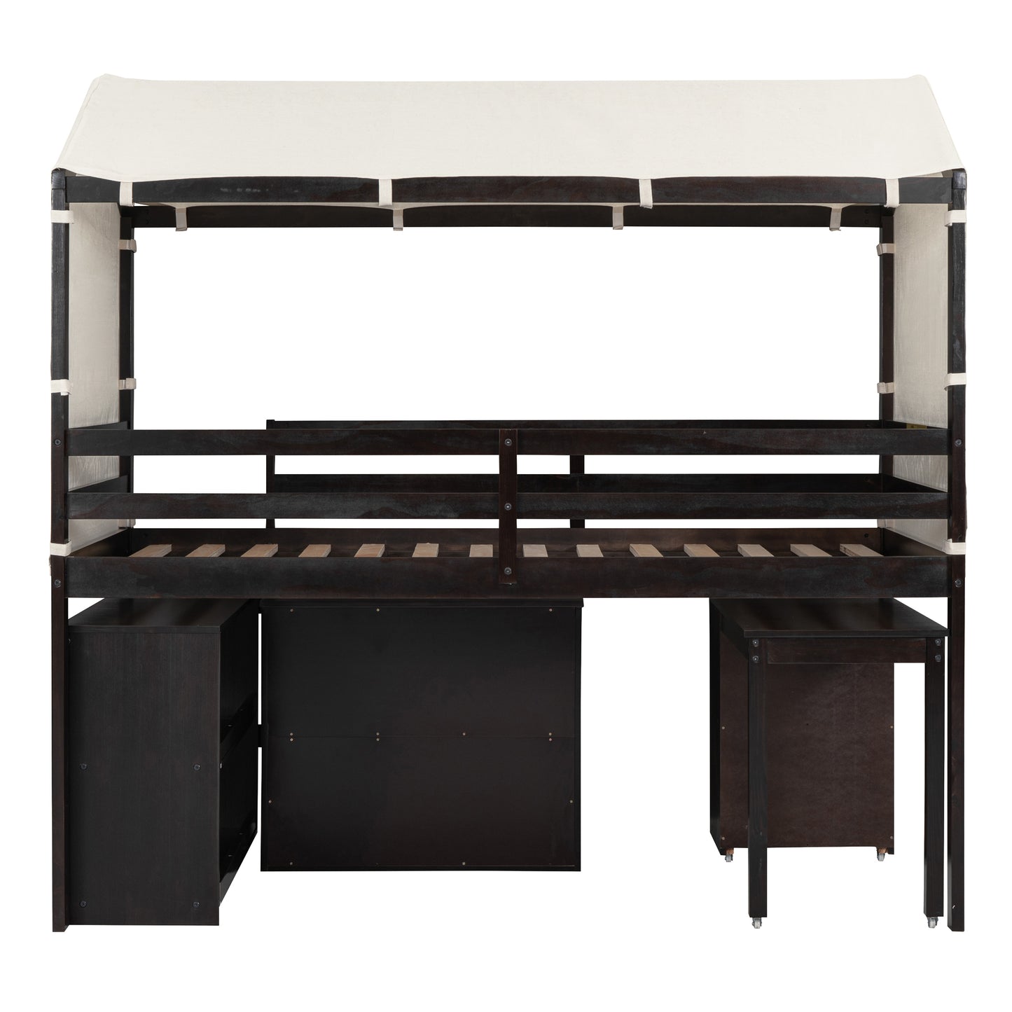 Twin Size Loft Bed with Rolling Cabinet, Shelf and Tent - Espresso