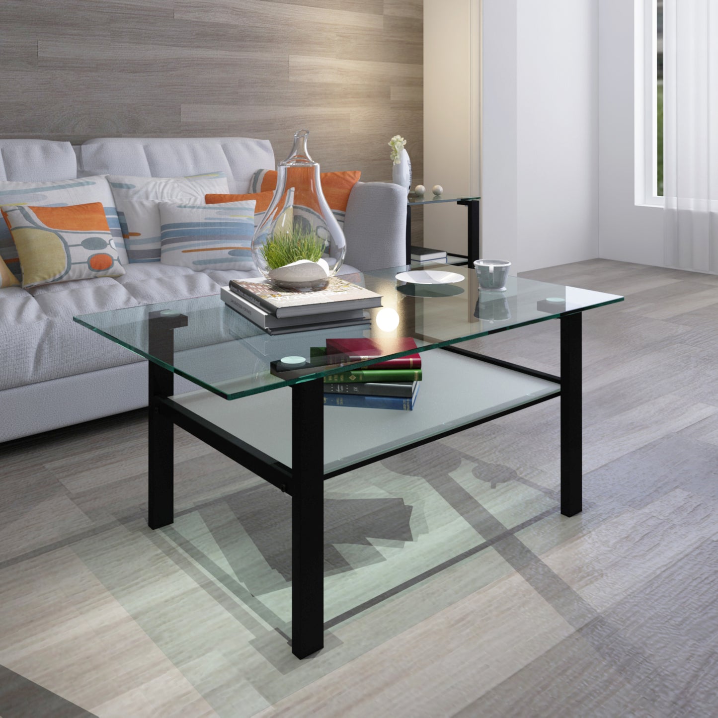 Transparent glass black coffee table, modern simple, living room coffee table, side center table