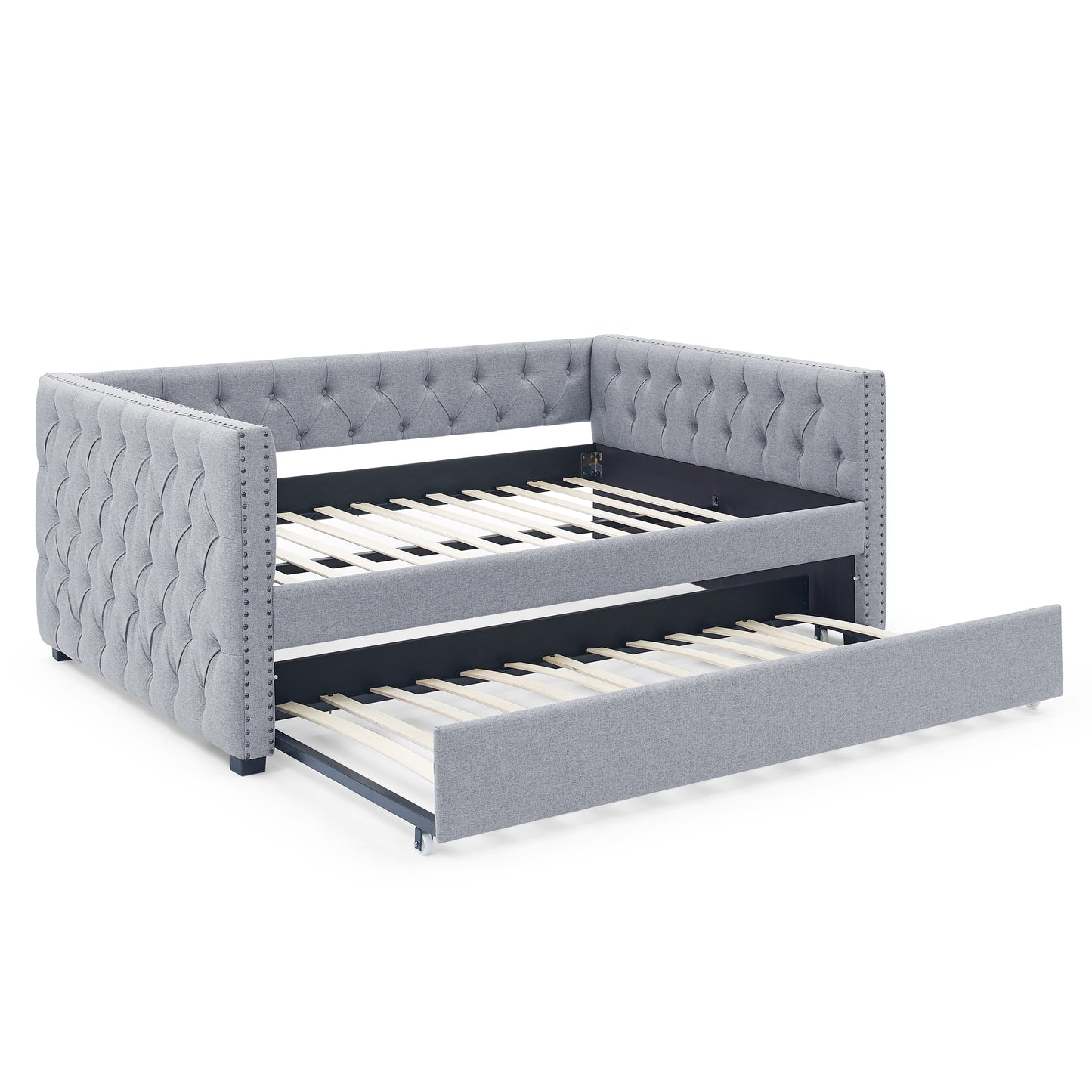 Daybed with Trundle Upholstered Tufted Sofa Bed, with Button and Copper Nail on Square Arms,Full Daybed & Twin Trundle, Grey(85"x57"x31.5")