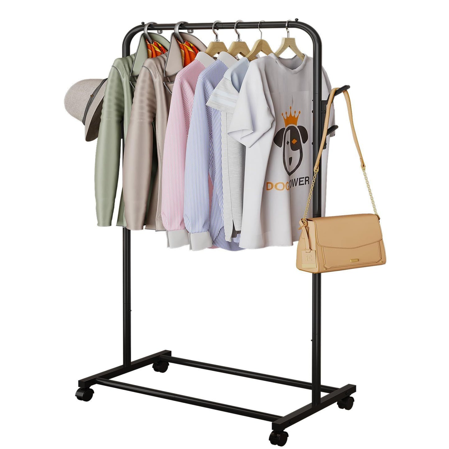 Coat Rack, Freestanding Metal Clothes Rack with Wheels, Standard Organizer for Hanging Clothes, Coats, Skirts, Shirts, Black Freestanding Metal Clothes Rack with Wheels