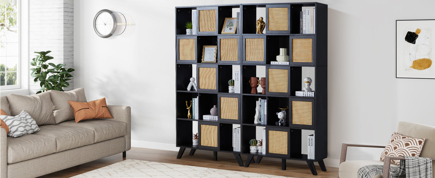 5 Tier Bookcase with Rattan Doors, 71" Shelf Rattan Boho Wood Shelves Large Bookshelves Farmhouse Bookcases Book Case for Bedroom, Living Room, Office (Black)