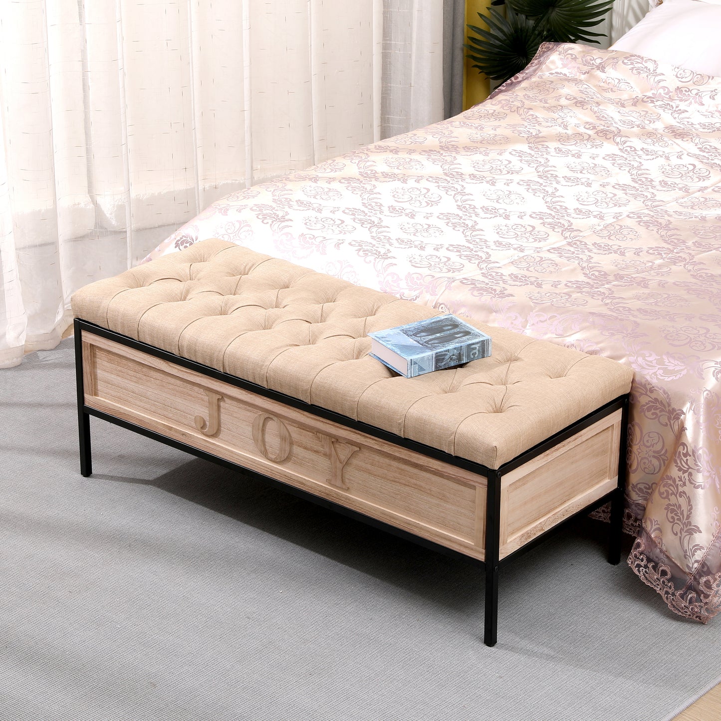 Linen Upholstered Ottoman End of Bed Button Tufted Storage Benches for Bedroom, Living Room, Hallway (Light Yellow)
