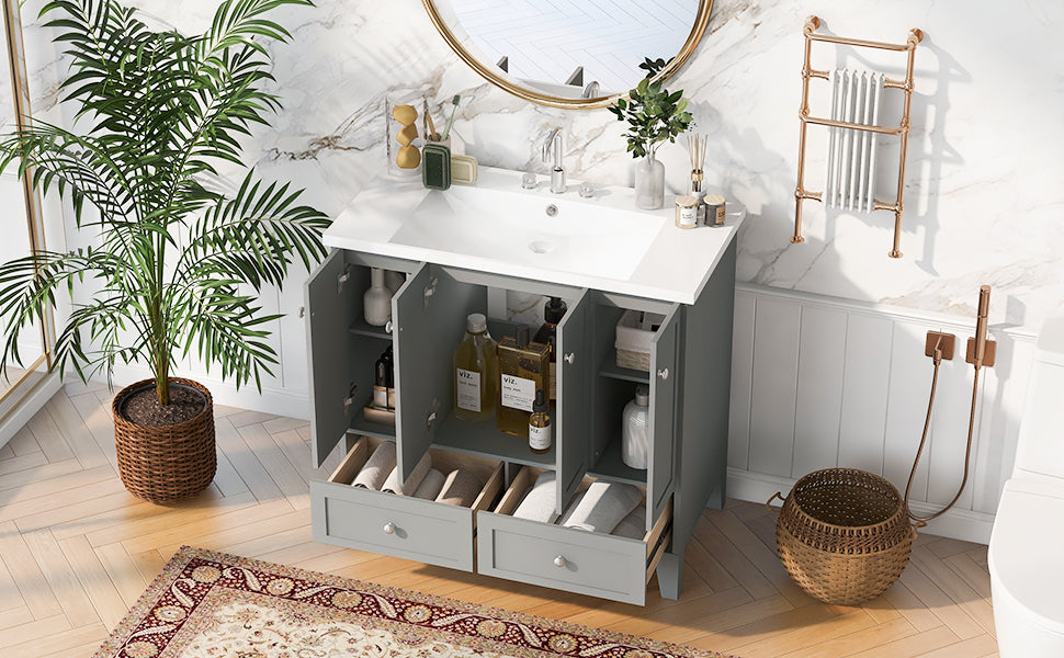 36'' Bathroom Vanity with Resin Sink Combo,Solid Wood Frame Bathroom Storage Cabinet, Freestanding Vanity Set with 4 Soft Closing Doors& 2 Drawers