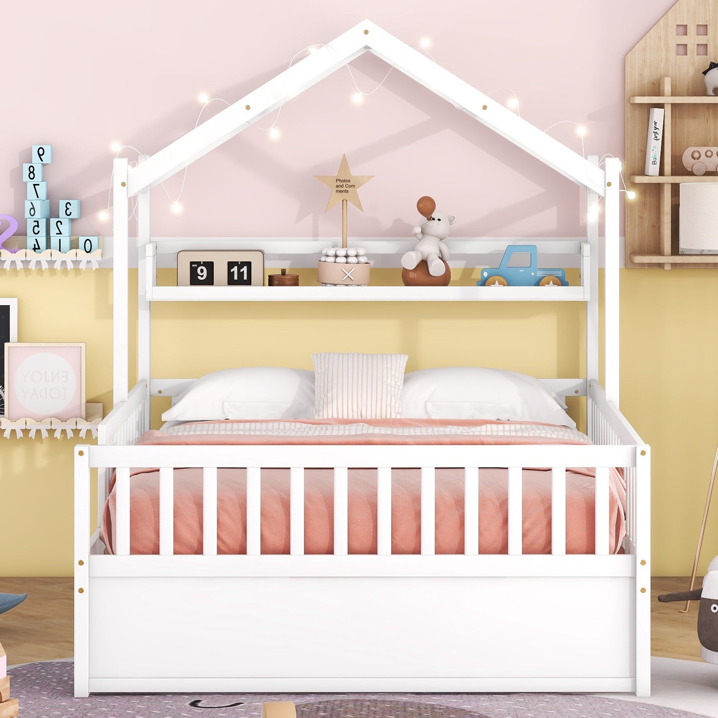 Wooden Full Size House Bed with Twin Size Trundle,Kids Bed with Shelf,White