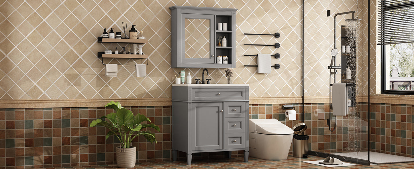 30'' Bathroom Vanity with Top Sink, Modern Bathroom Storage Cabinet with 2 Drawers and a Tip-out Drawer, Freestanding Vanity Set with Mirror Cabinet, Single Sink Bathroom Vanity