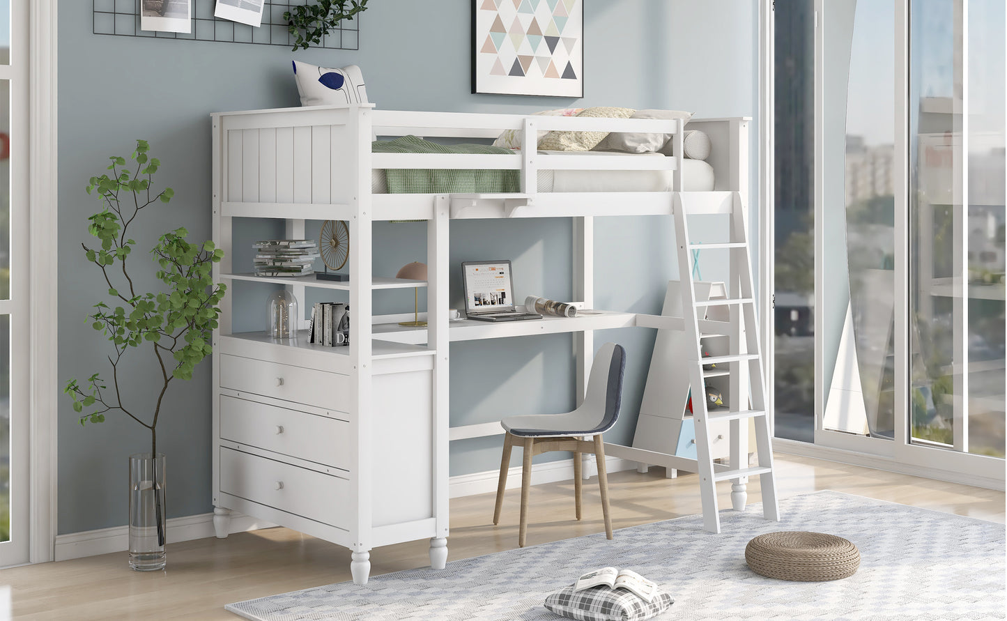 Twin size Loft Bed with Drawers and Desk, Wooden Loft Bed with Shelves - White(OLD SKU: LP000530AAK)