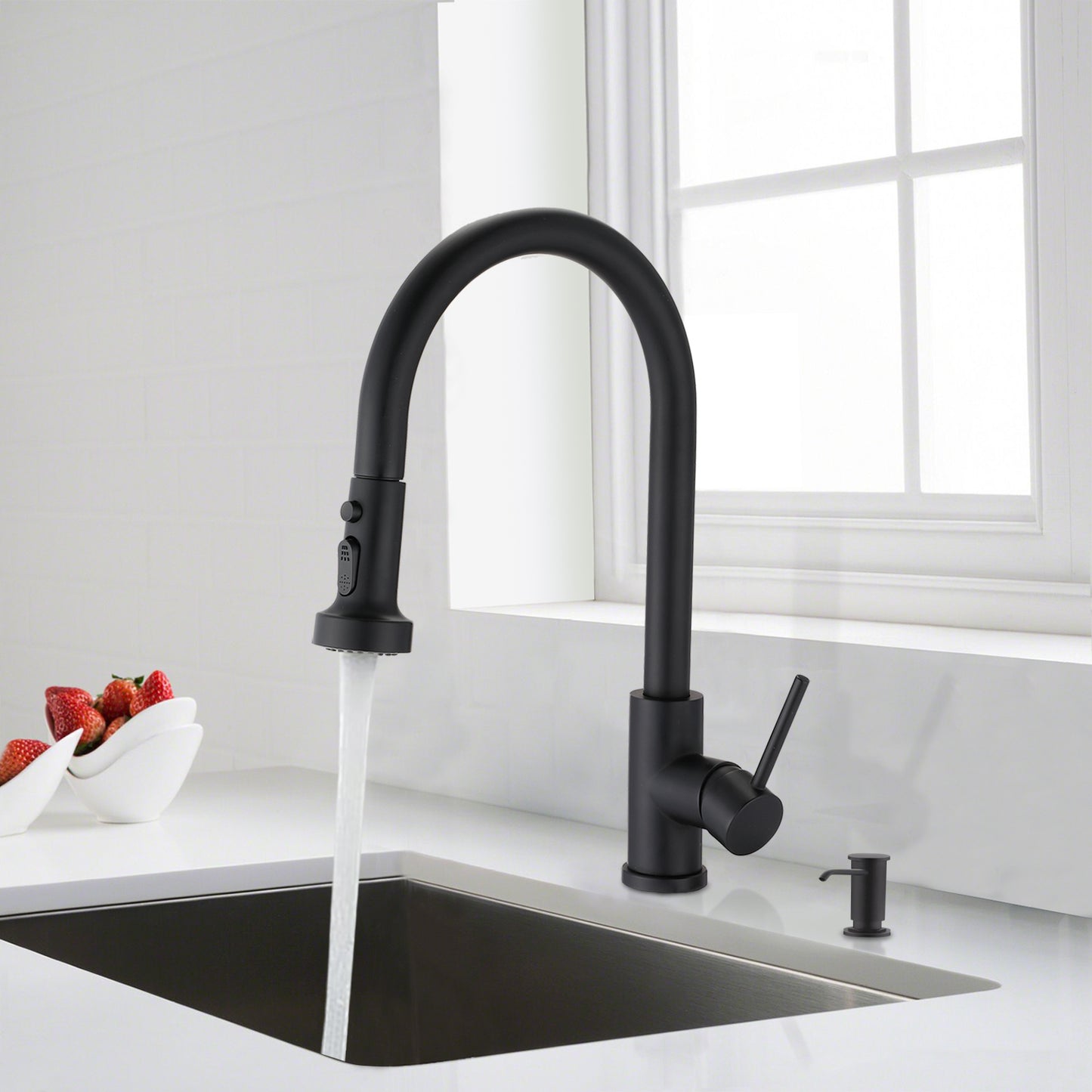 Stainless Steel Pull Down Kitchen Faucet with Soap Dispenser Matte Black