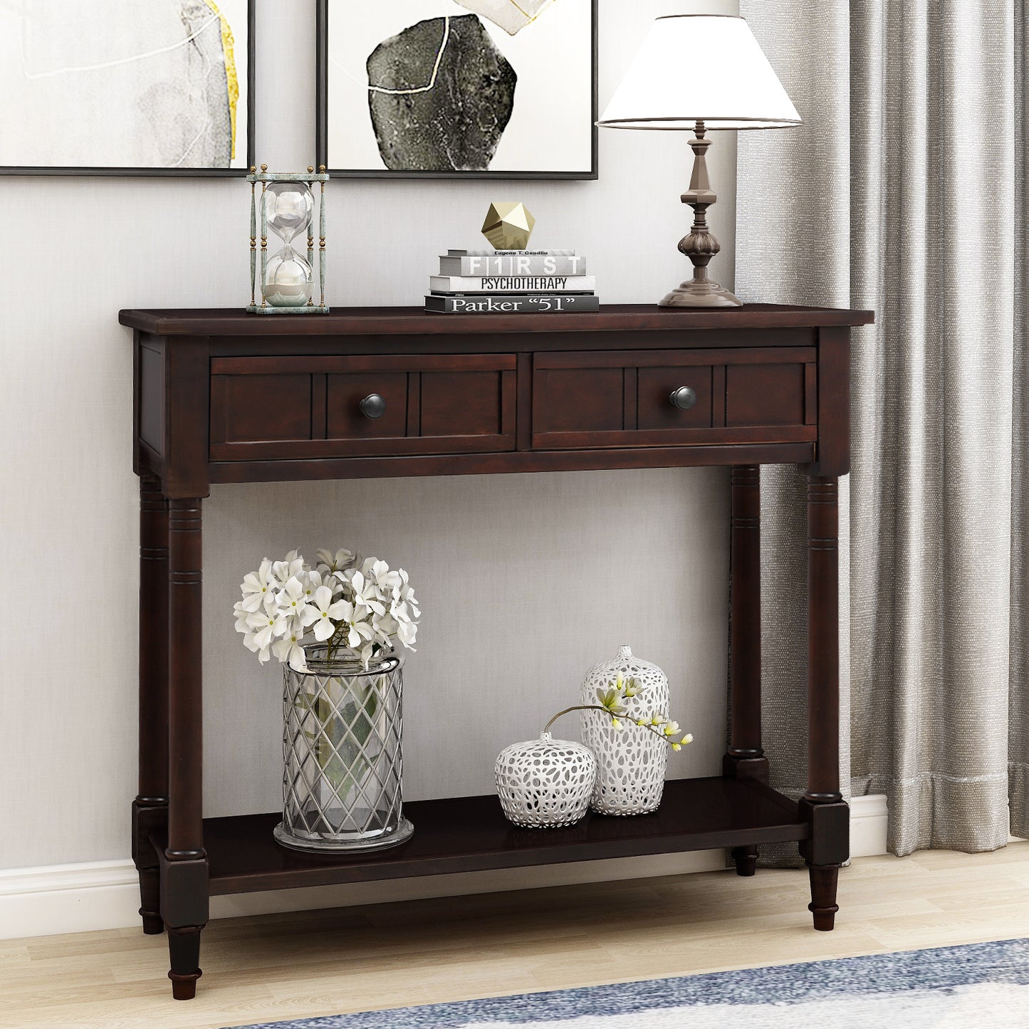 TREXM Daisy Series Console Table Traditional Design with Two Drawers and Bottom Shelf (Espresso)
