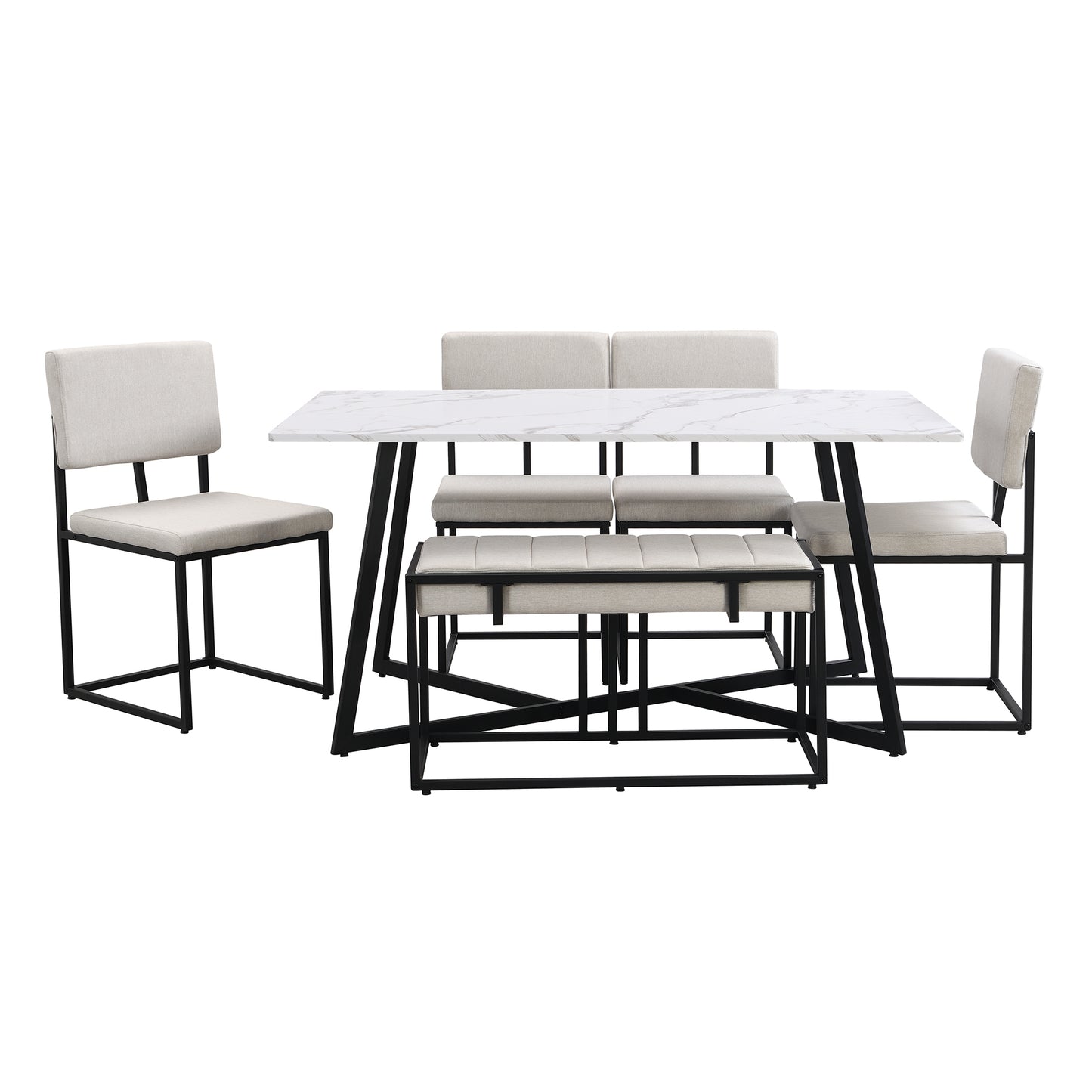 TOPMAX Modern Faux Marble 6-Piece Dining Table Set,60inch Metal Kitchen Table Set with Upholstered Dining Chairs and Bench, Black