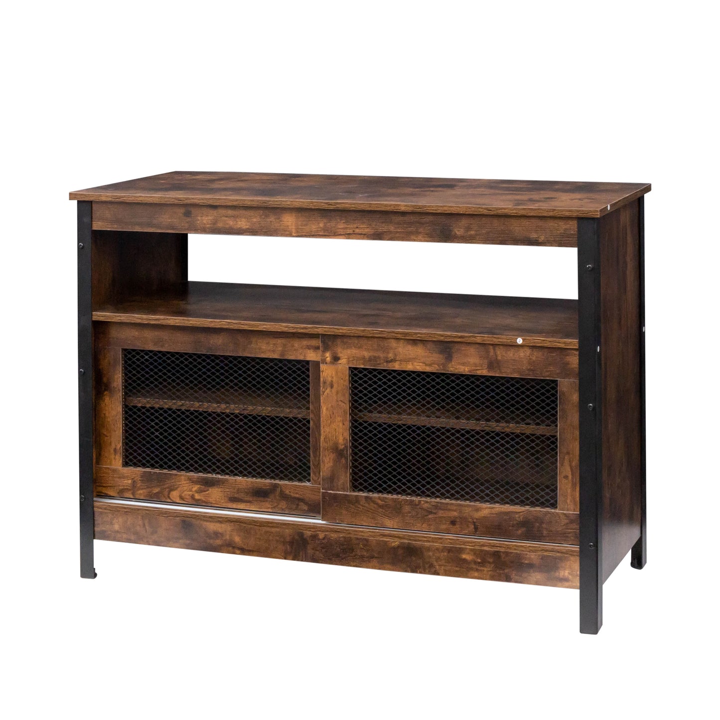 LED Buffet Sideboard, Farmhouse Storage Cabinet with Sliding Door, Open Compartment, Wood Coffee Bar Wine Bar with Adjustable Shelves