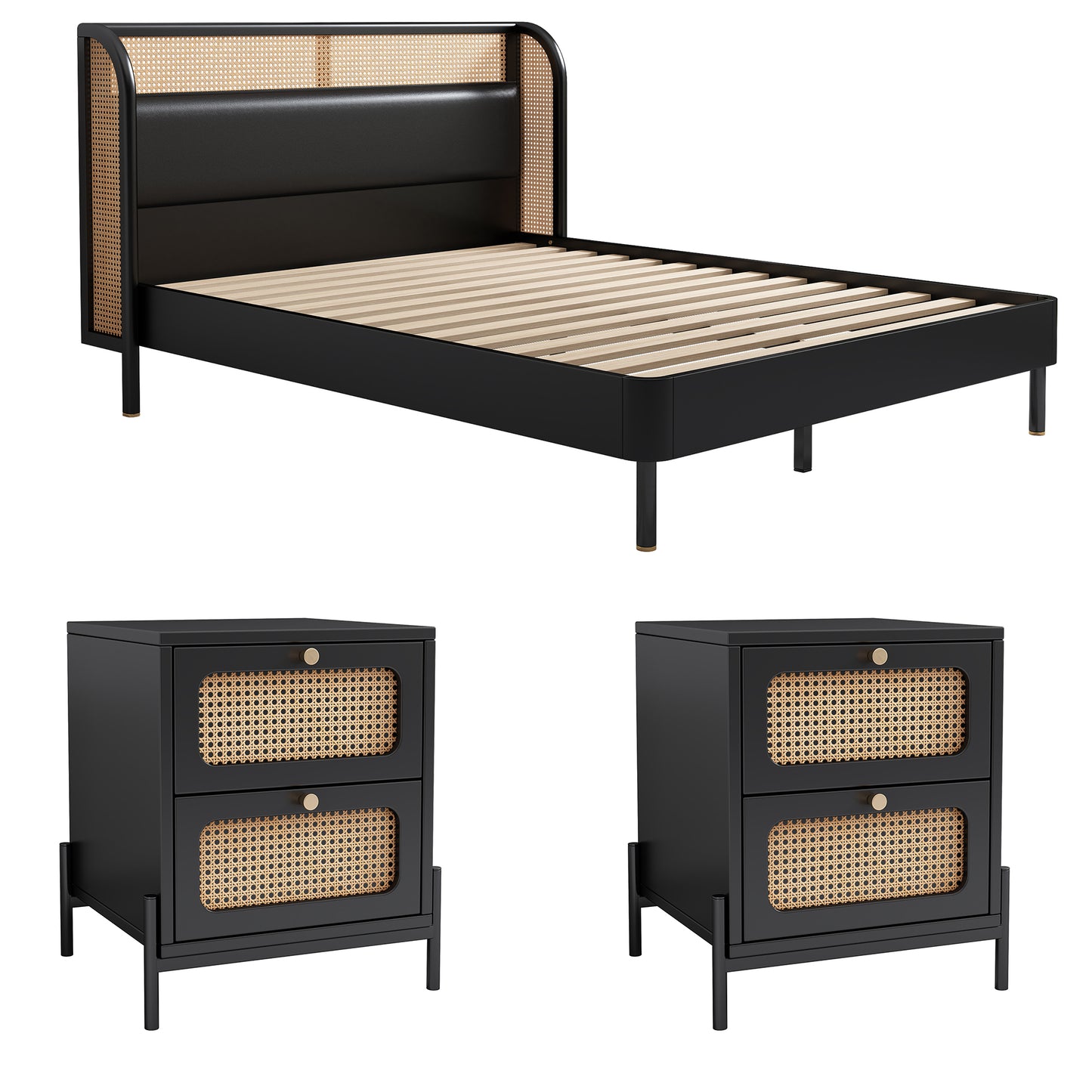 4 Pieces Modern Cannage Rattan Platform Queen Bed + Nightstand*2+ Dresser, Black