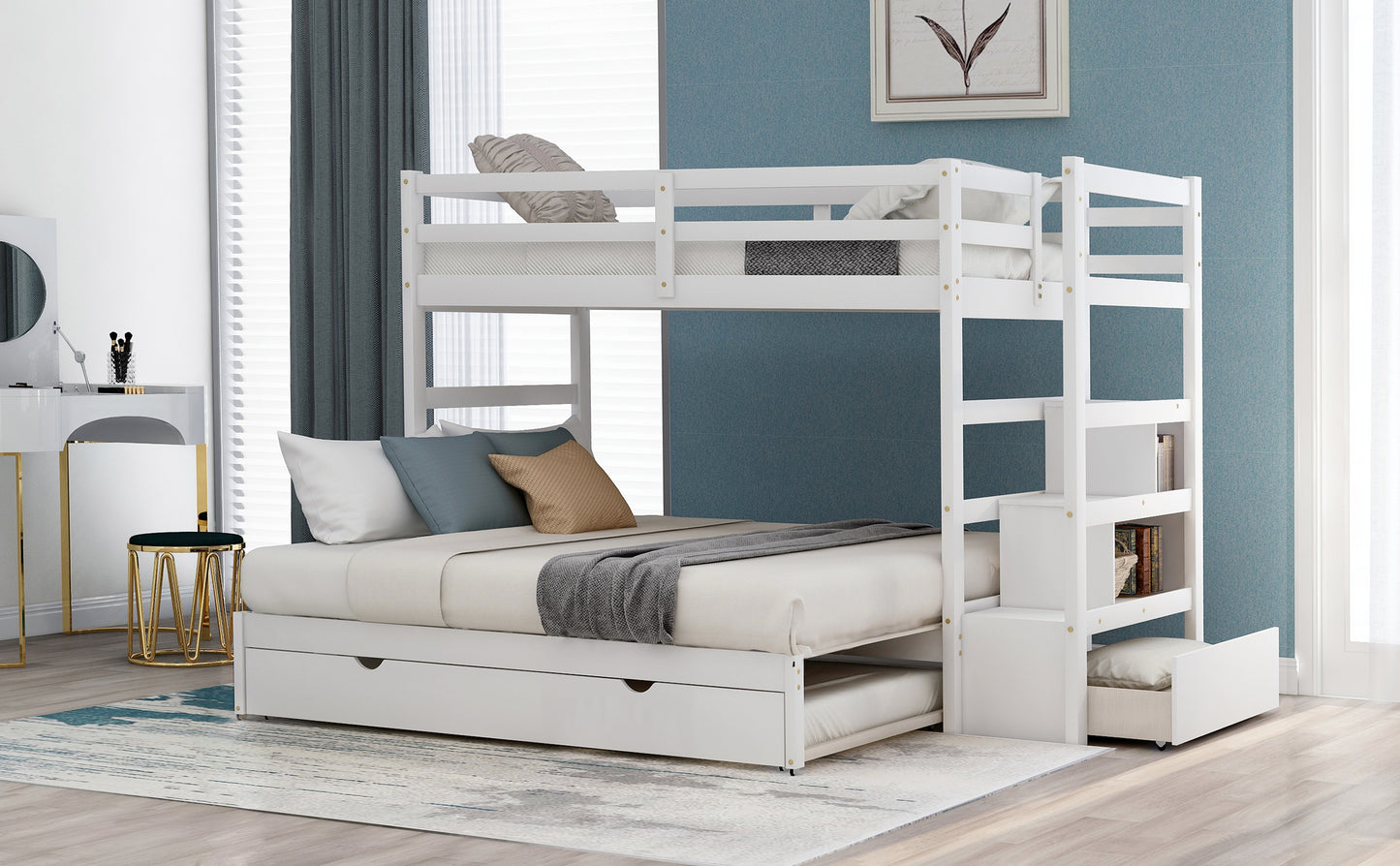 Twin over Twin/King (Irregular King Size) Bunk Bed with Twin Size Trundle, Extendable Bunk Bed (White)(OLD SKU :LP000032AAK)