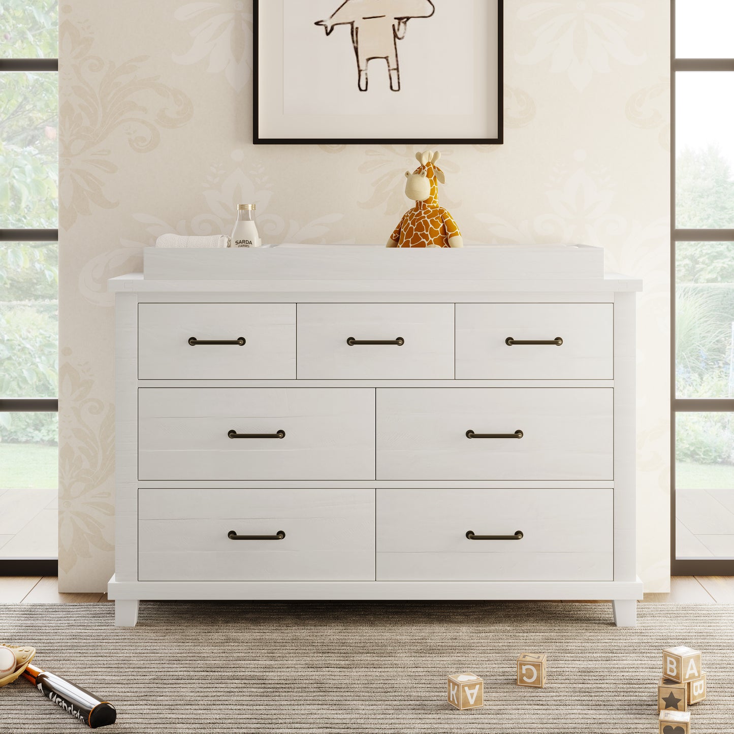 Rustic Farmhouse Style 3 Pieces Nursery Sets Whitewash Baby Crib and Changer Dreeser with Removable Changing Tray Bedroom Sets White