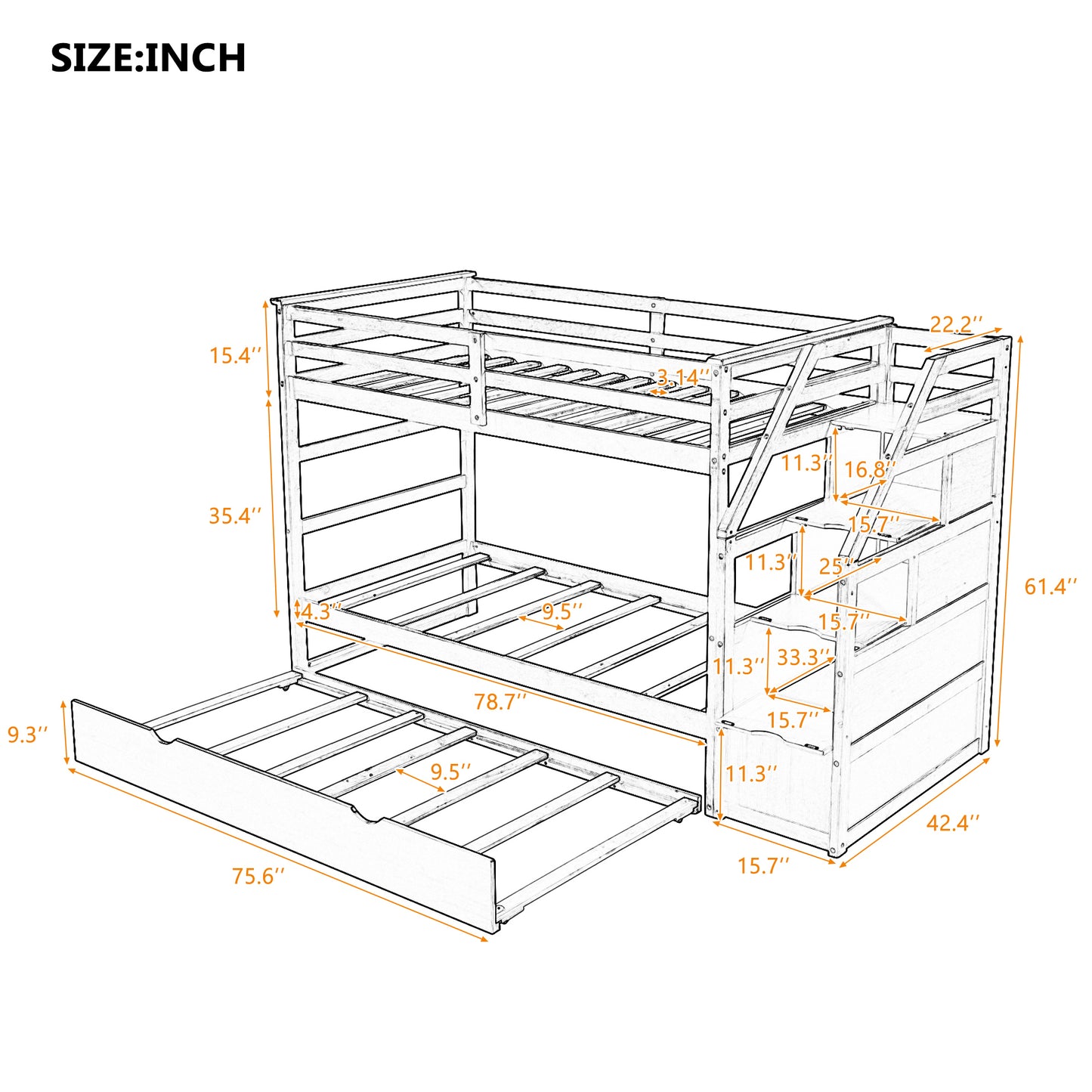 Twin-Over-Twin Bunk Bed with Twin Size Trundle and 3 Storage Stairs,Gray (OLD SKU :LP000064AAE)