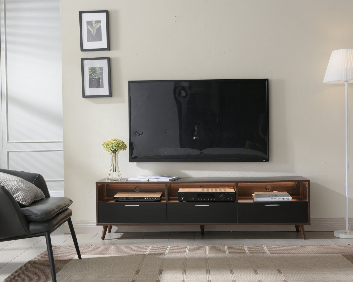 LED TV Stand LED Entertainment Center with Storage Modern LED Media Console Tables LED TV Cabinet for Living Room Bedroom and Office Walnut