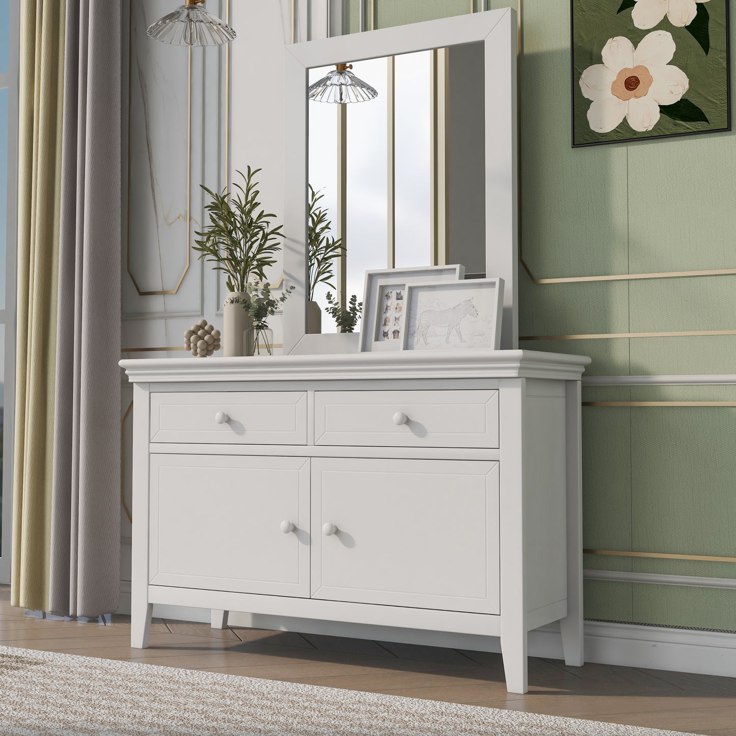 6 Pieces Traditional Concise Style White Bedroom Sets, Nightstand*2+ Chest+ Dresser+ Mirror+ Full Bed