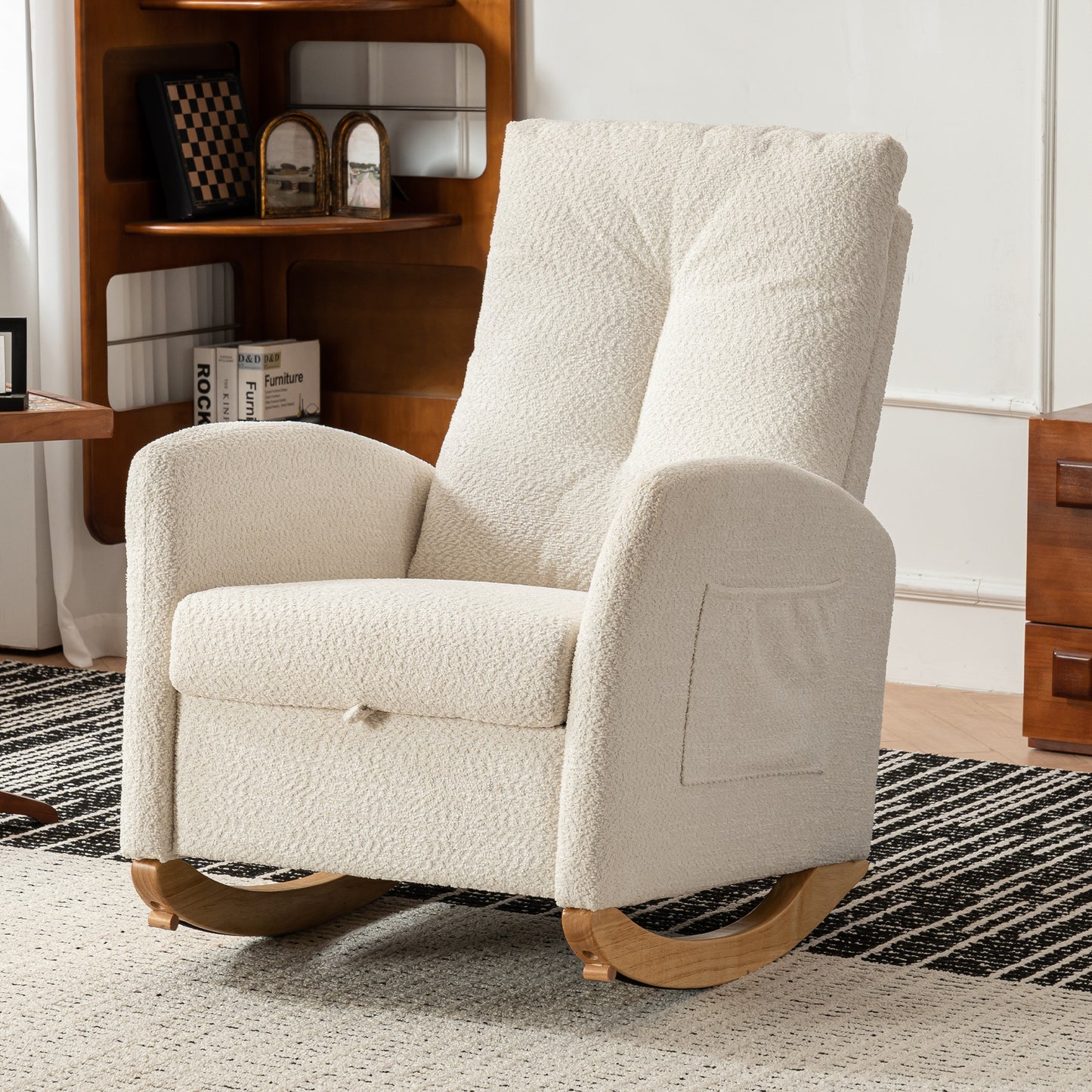 Accent Rocking Chair with Footrest High Back Rubber Wood Rocking Legs Bedroom Living Space