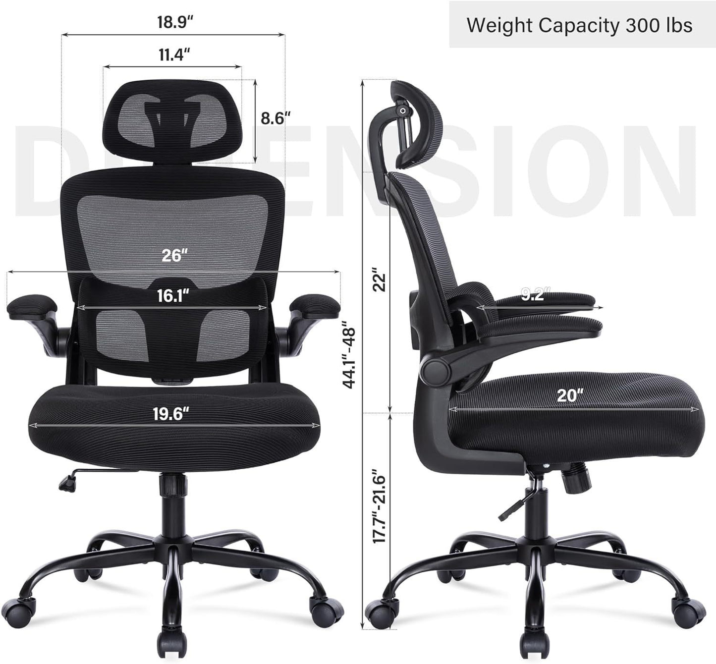 Ergonomic Mesh Office Chair with 3D Adjustable Lumbar Support, High Back Desk Chair with Flip-up Arms, Executive Computer Chair Home Office Task Swivel Rolling Chairs for Adults
