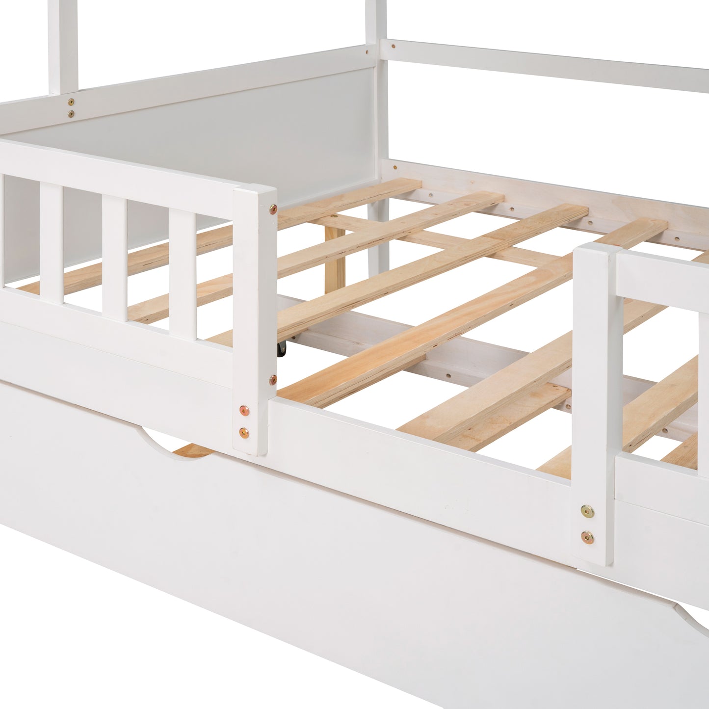 Full Size House Bed Wood Bed with Twin Size Trundle ( White )