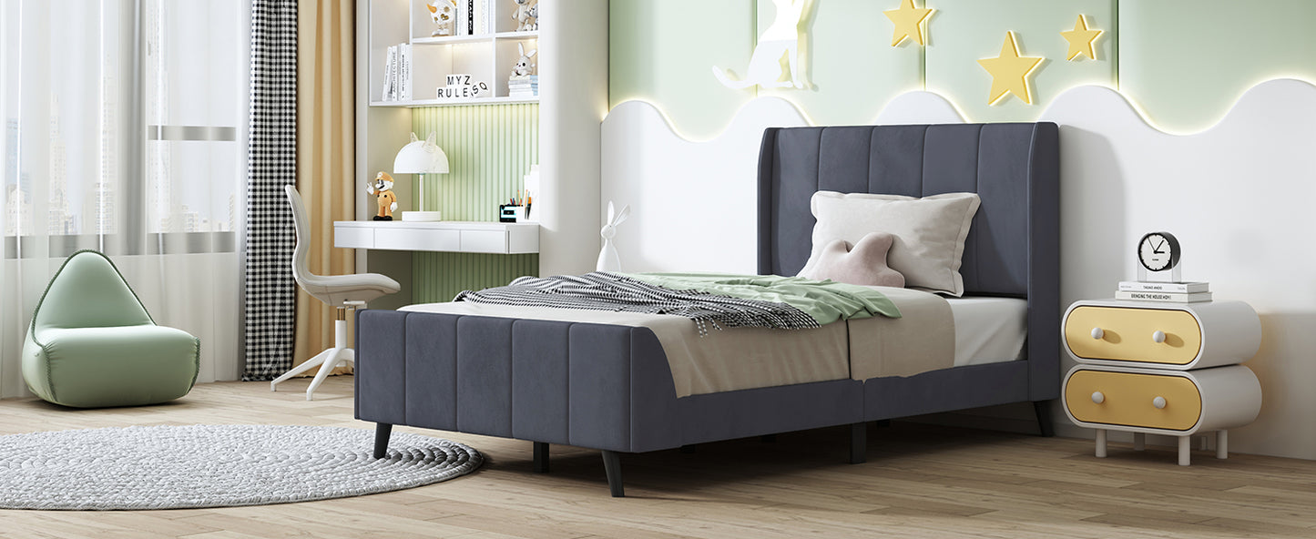 Twin Size Upholstered Platform Bed, Velvet, Gray