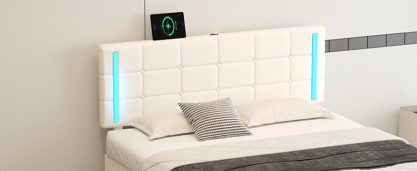 Queen Size Upholstered Bed with LED Lights,Hydraulic Storage System and USB Charging Station,White