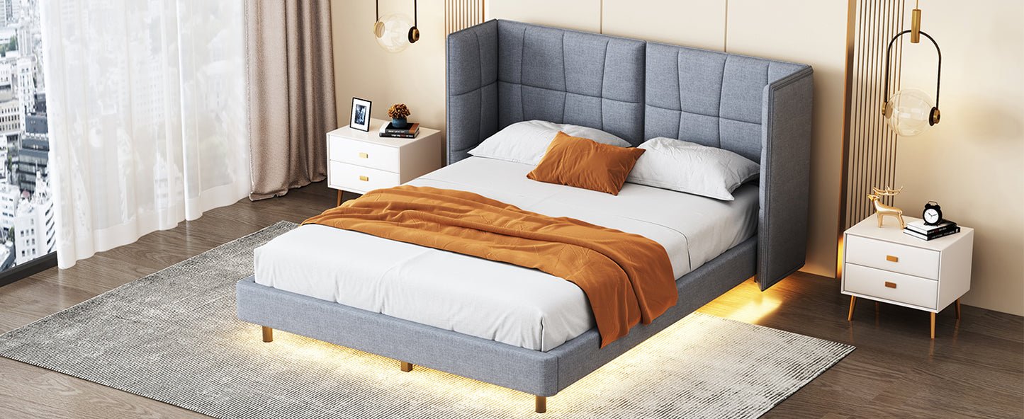 Queen Size Upholstered Platform Bed with LED Lights and U-Shaped Headboard, Linen Fabric, Gray