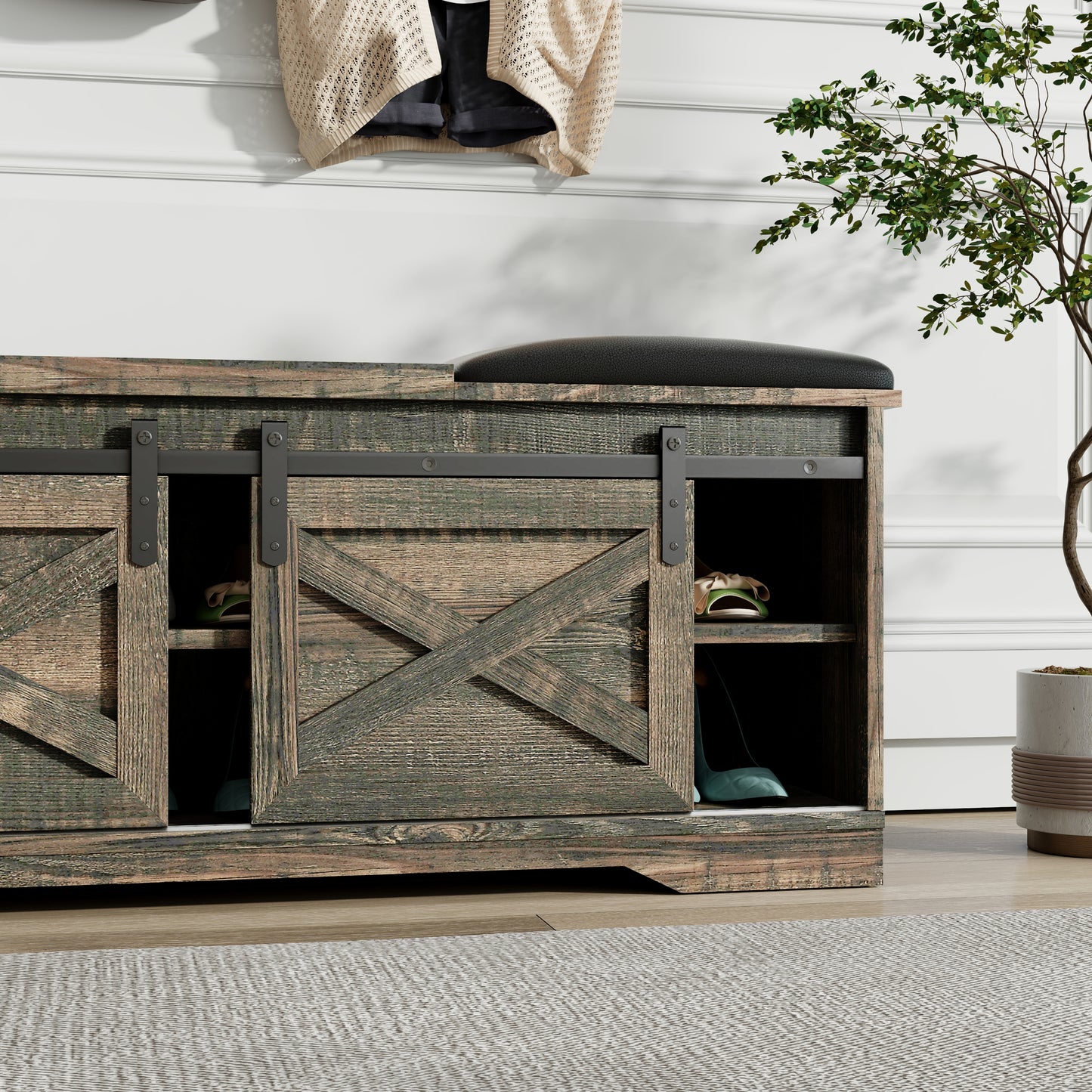 47 Inch Modern Farmhouse Sliding X Barn Door Litterbox Bench with Entry Cutout, Shoe Bench