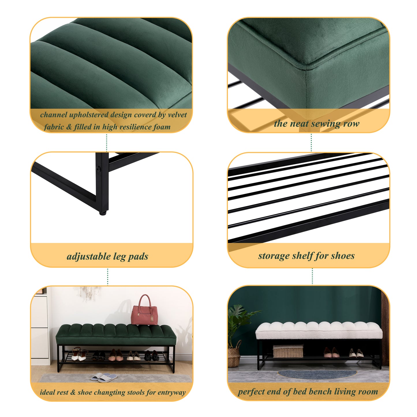 Green Velvet Channel Tufted Ottoman Bench Accent Upholstered Bendroom End of Bed Bench with Storage Shelf (Green)