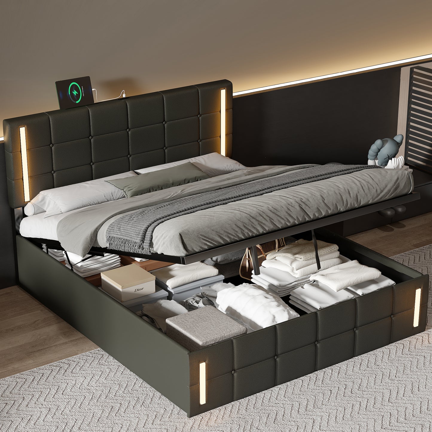 Queen Size Upholstered Bed with LED Lights,Hydraulic Storage System and USB Charging Station,Black