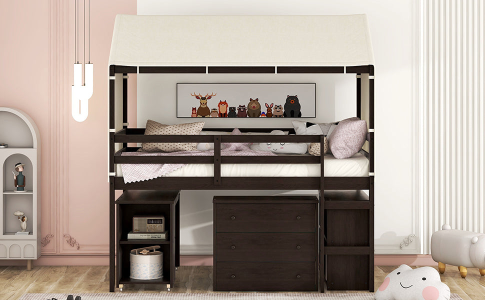 Twin Size Loft Bed with Rolling Cabinet, Shelf and Tent - Espresso