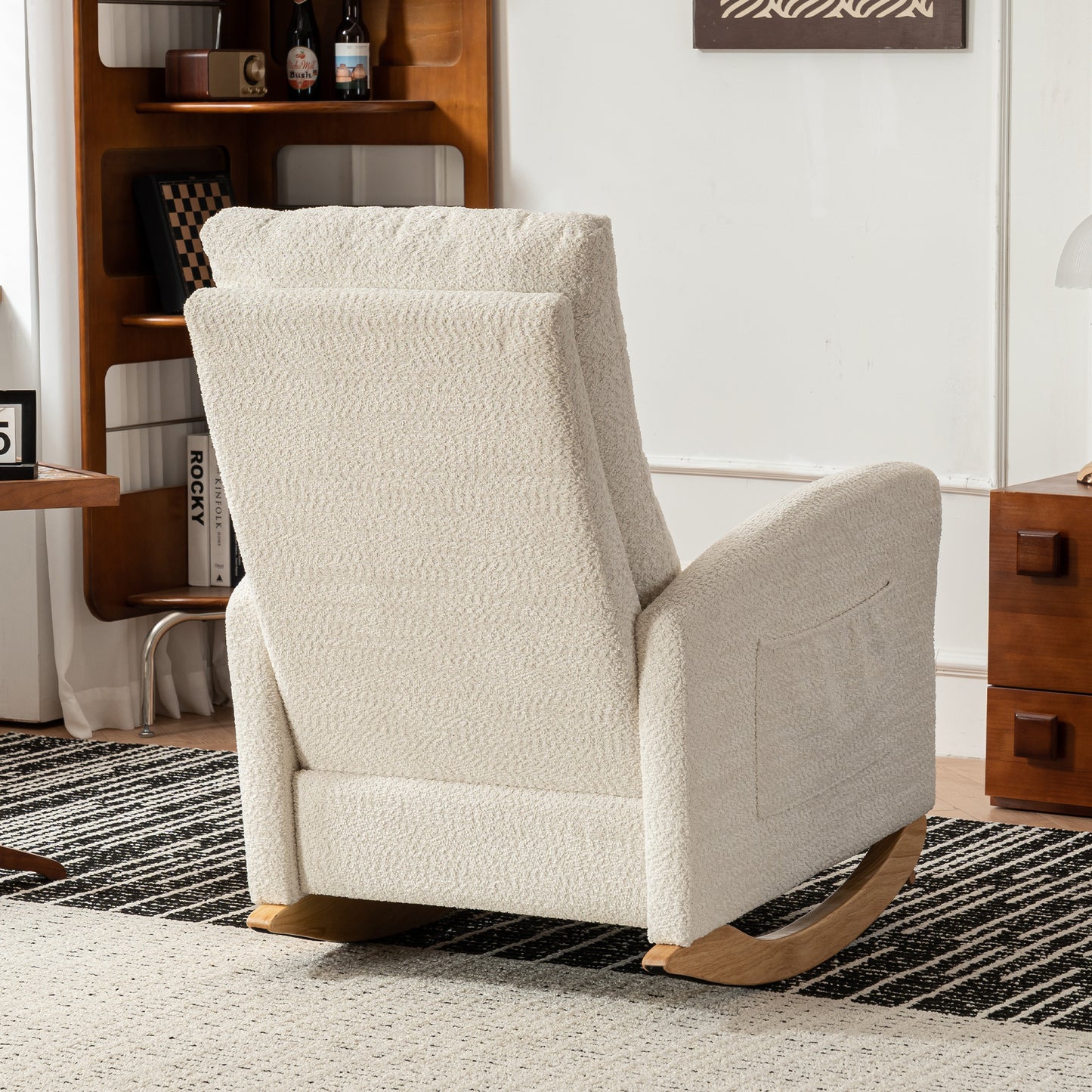 Accent Rocking Chair with Footrest High Back Rubber Wood Rocking Legs Bedroom Living Space