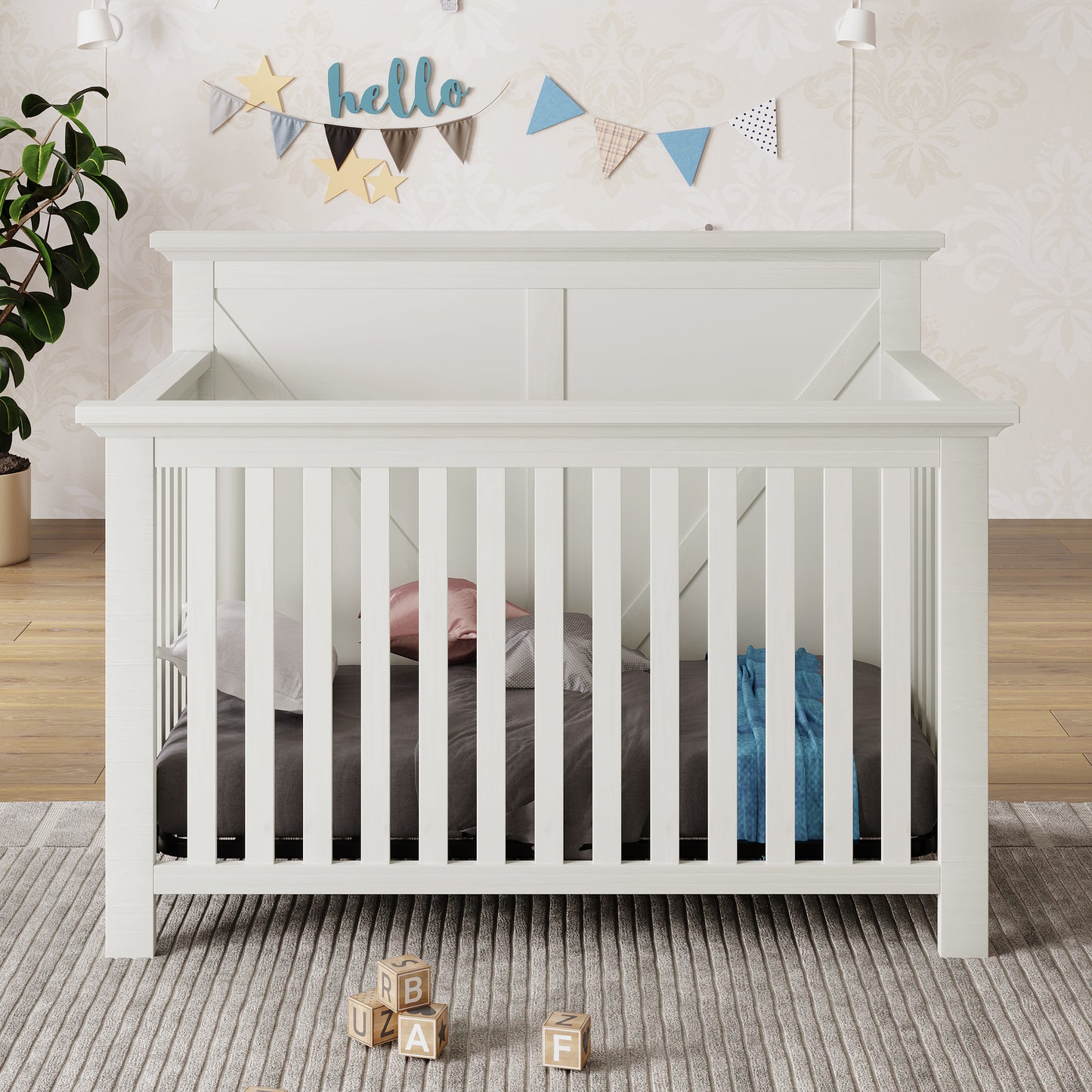 Rustic Farmhouse Style 3 Pieces Nursery Sets Whitewash Baby Crib and Changer Dreeser with Removable Changing Tray Bedroom Sets White