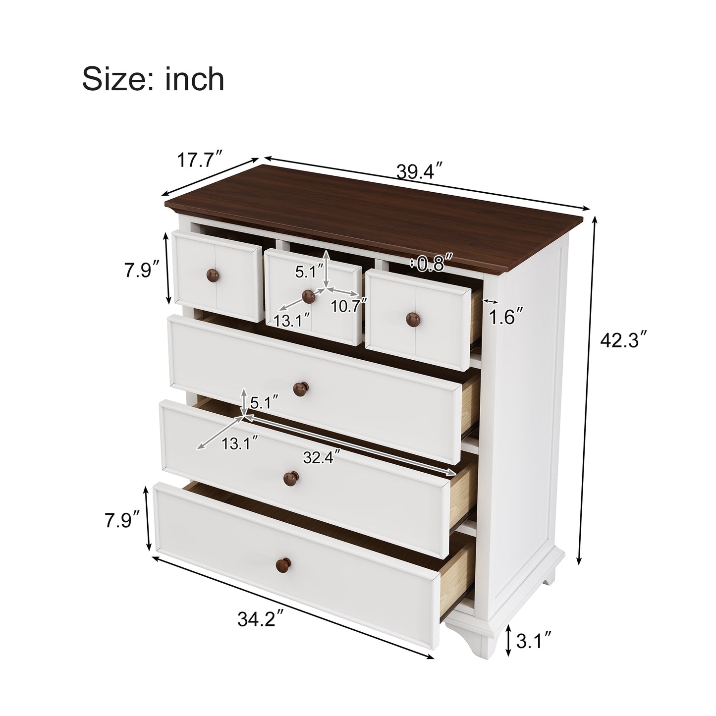 Wooden Captain Six-Drawer Chest for Bedroom, Living Room, Kids' Room, White+Walnut