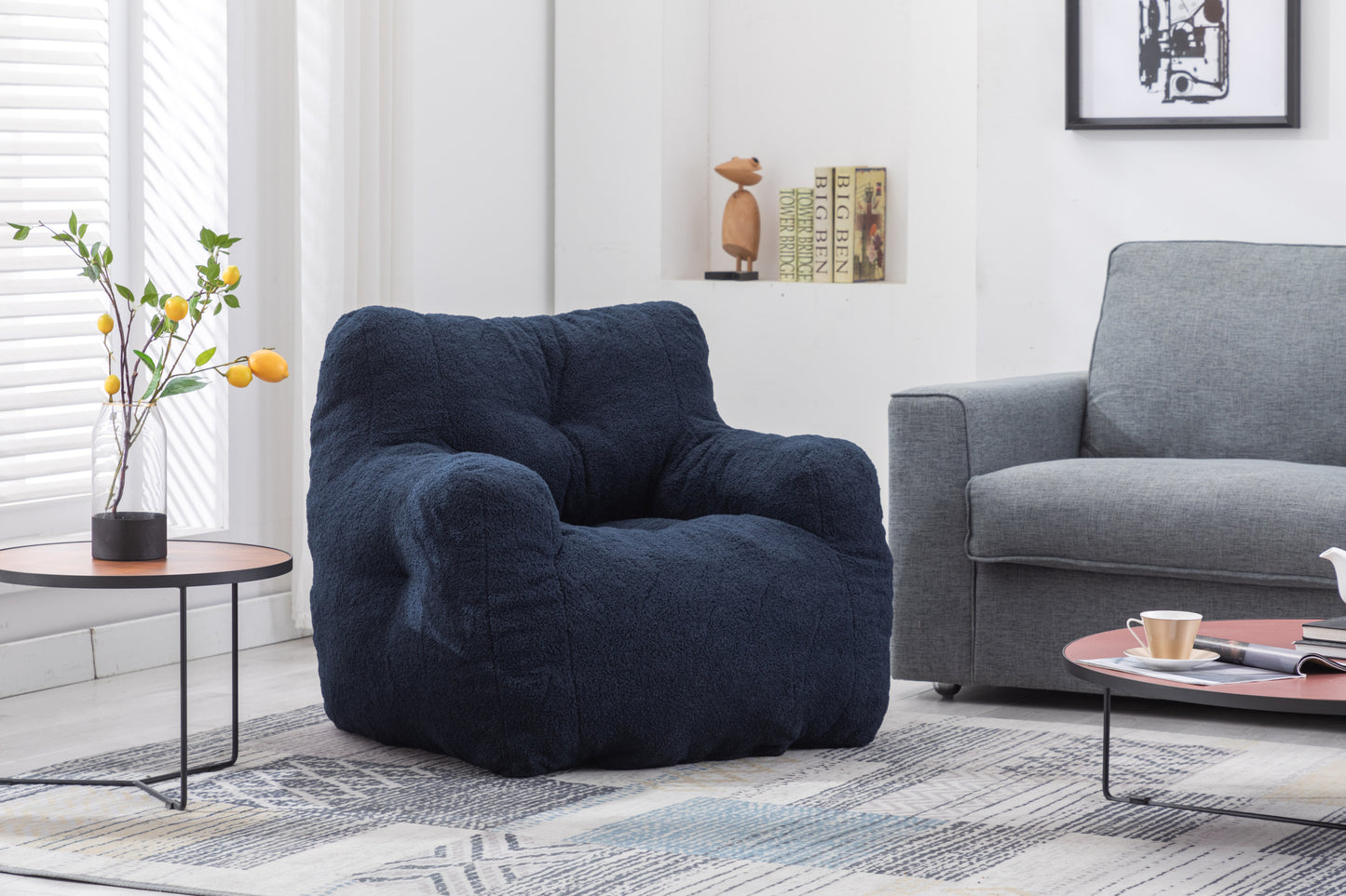 010-Soft Teddy Fabric Tufted Foam Bean Bag Chair With Teddy Fabric Dark Blue