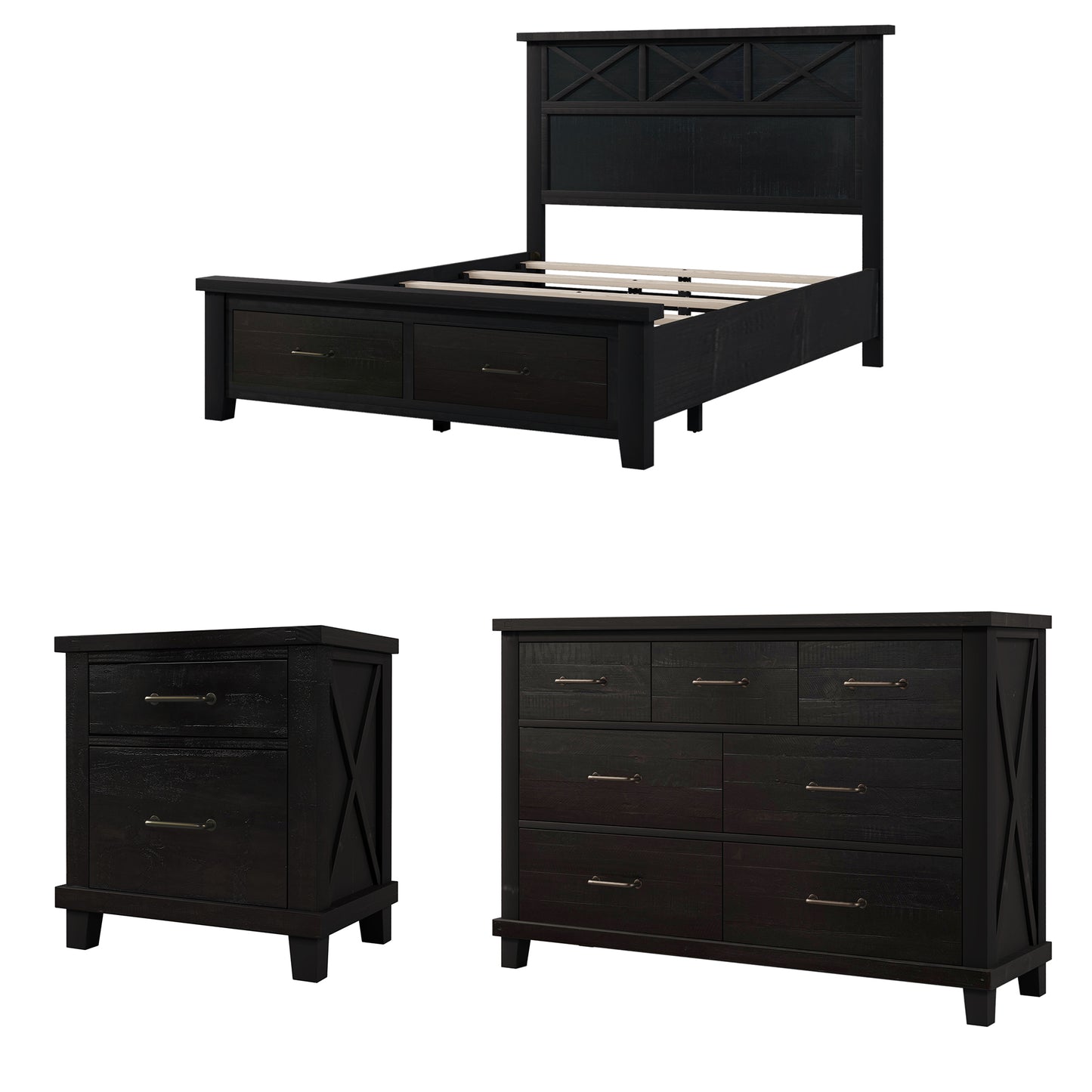 Rustic Farmhouse Style 3 Pieces Bedroom Sets Blackwash Queen Bed with 2 Drawers, Nightstand and Dresser, Coffee