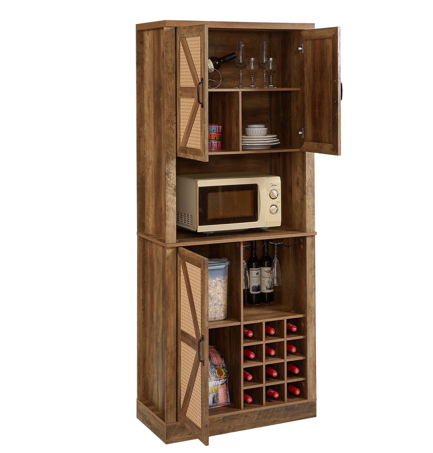 76-Inch Tall Rustic Oak Color Farmhouse Kitchen Faux Rattan Wine Cabinet, Kitchen Bar Cabinet with Square Compartments , Large Wooden Faux Rattan Storage Cabinet with Barn Doors and Microwave Shelves