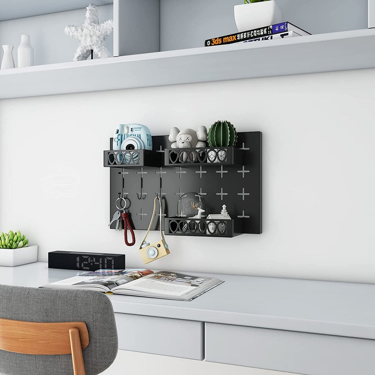 Metal Key Hooks with 3 Adjustable Baskets and 3 Hooks, Pegboards for wall Organizer