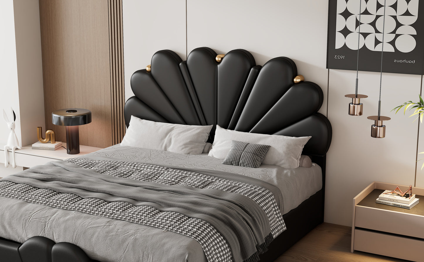 Queen Size Upholstered Petal Shaped Platform Bed with Hydraulic Storage System, PU Storage Bed, Decorated with metal balls, Black