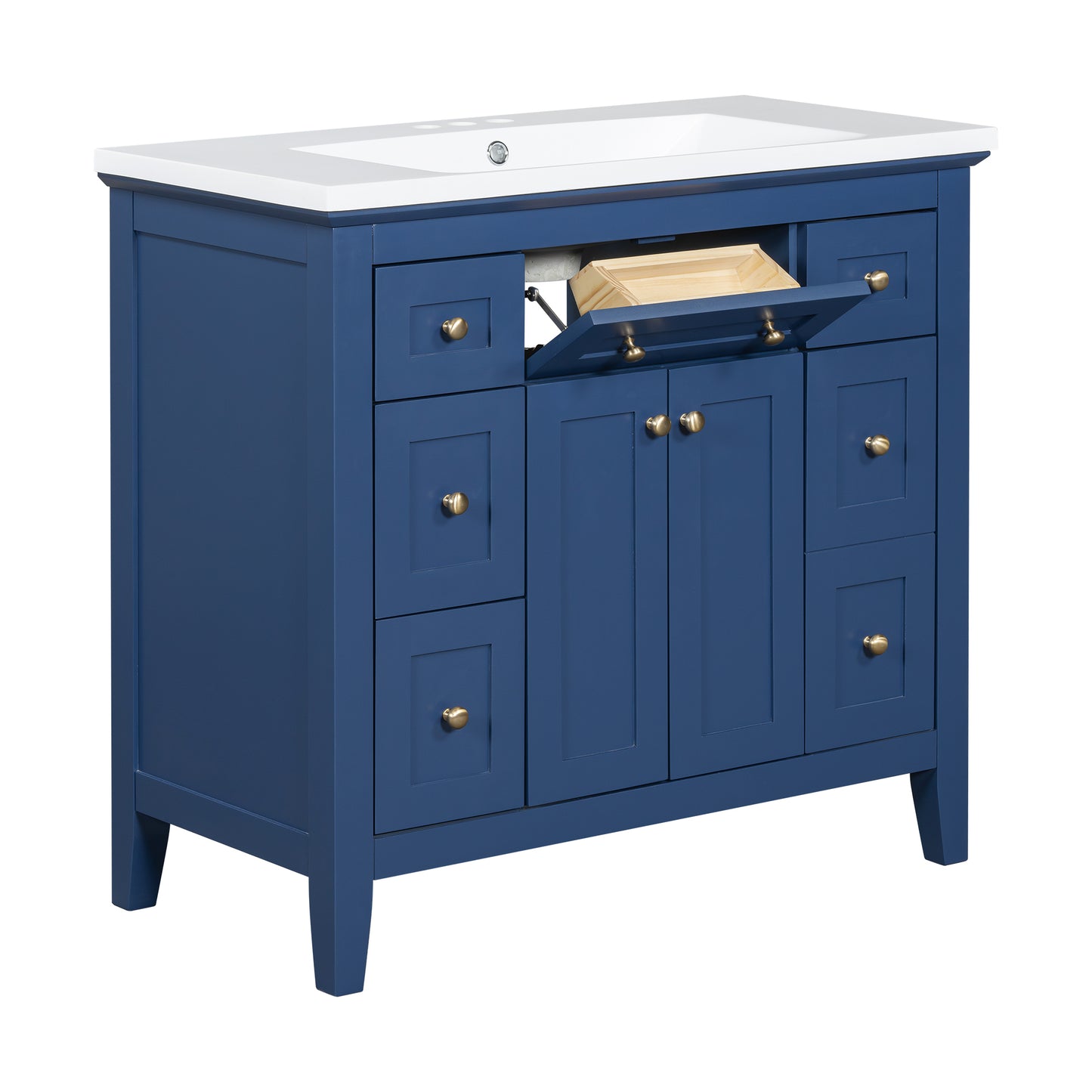 36'' Bathroon Vanity with Resin Sink Combo Set, Modern Freestanding Single Bathroom Cabinet with 6 Drawers & 2 Cabinets, Storage Cabinet for Bathroom, Solid Wood Frame Vanity Set, Blue
