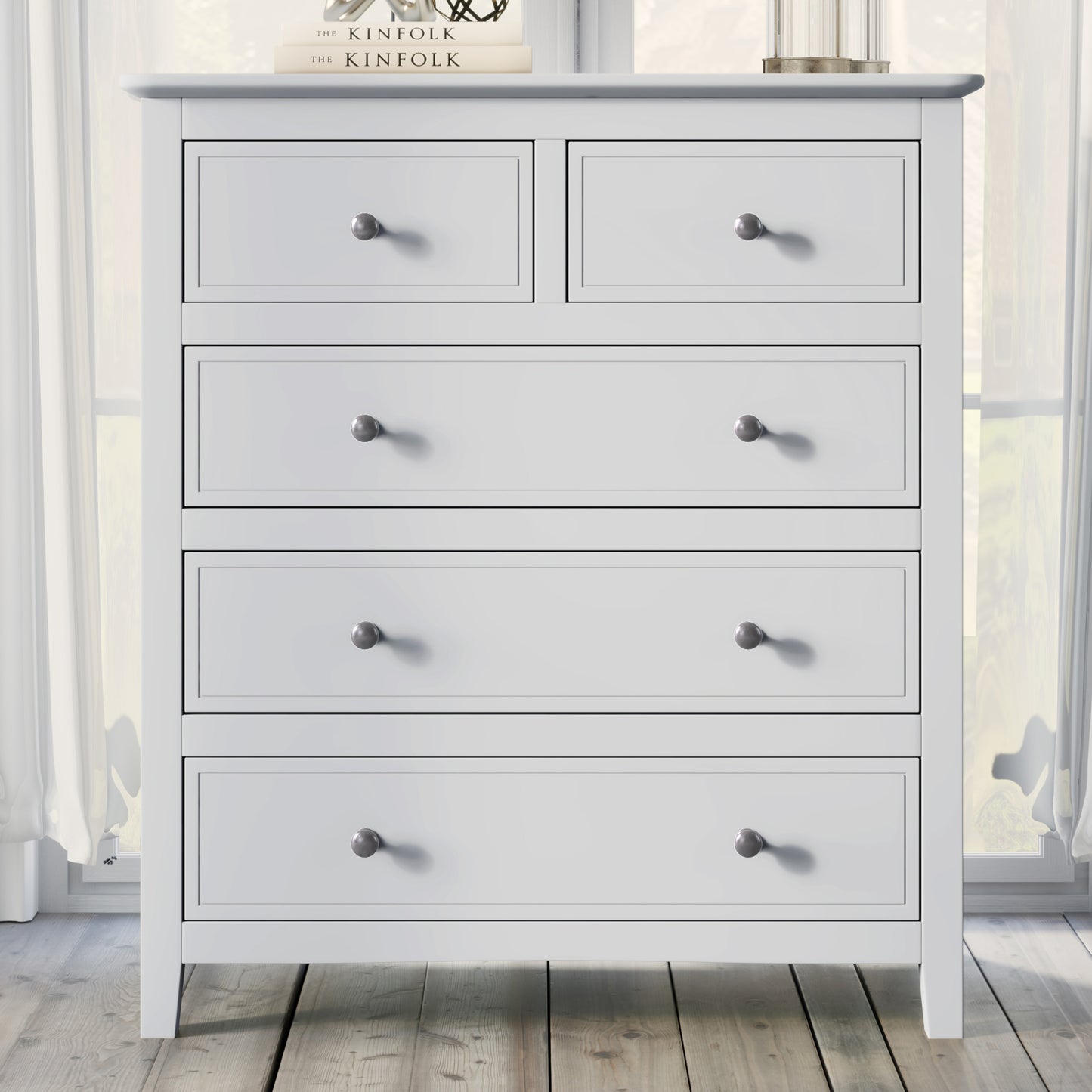 White Solid Wood 5 Pieces King Bedroom Sets(bed+nightstand*2+chest+dresser)