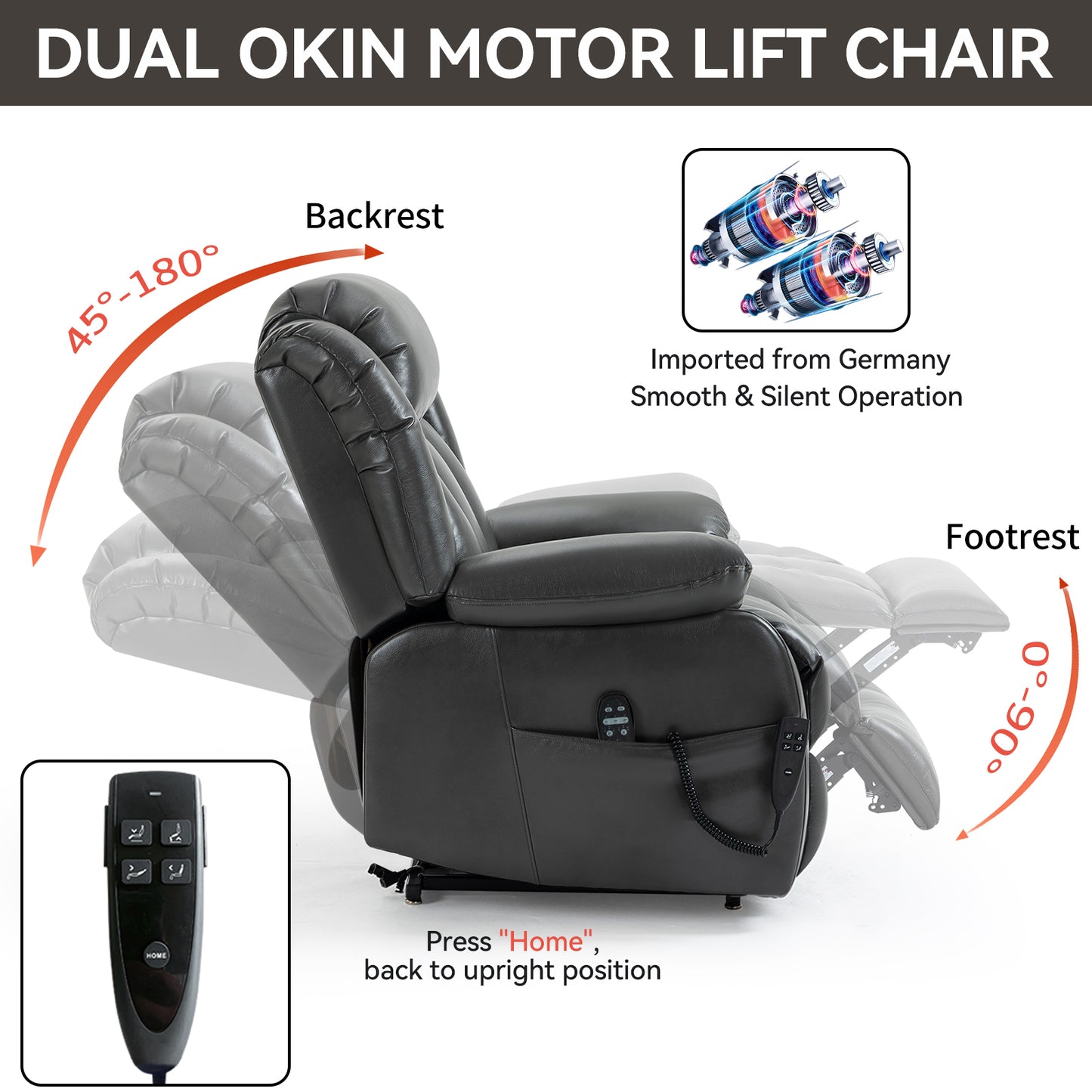 Dual Motor Infinite Position Up to 350 LBS Electric Medium size Grey Power Lift Recliner Chair with 8-Point Vibration Massage and Lumbar Heating
