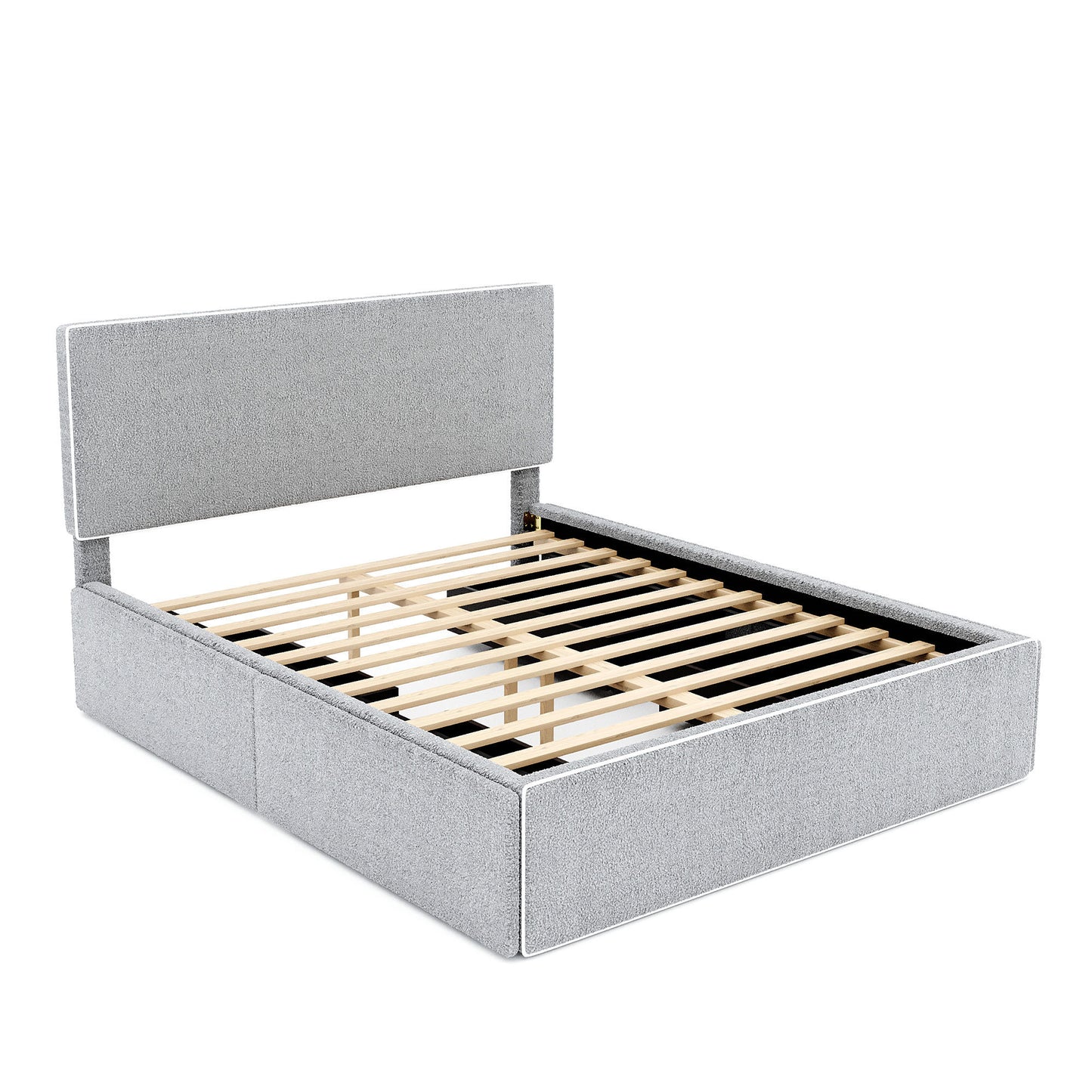 Full Size Upholstered Platform Bed with 4 Drawers and White Edge on the Headboard & Footboard, Gray